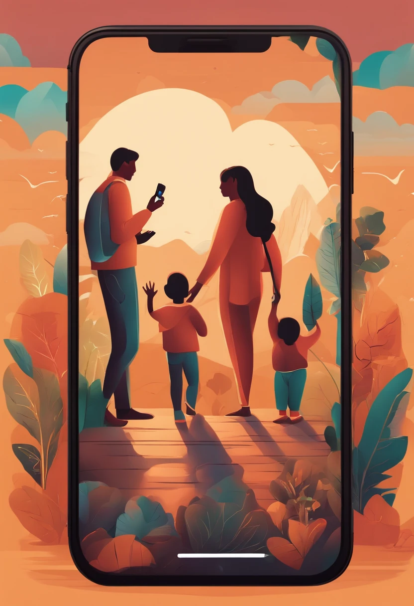 Infographics style, illustrations, gapped scenes, vertical images, parents and children, holding a smartphone.