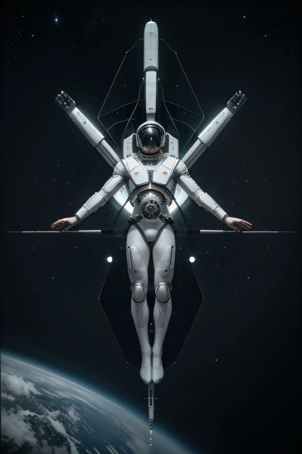 a black and white photo of a man in a space suit, an album cover, by Kurt Roesch, surrealism, the vitruvian man style, beeple daily art, beeple and jeremiah ketner, geometry and astrology, arms stretched out, the three body problem, listing image, style of ade santora, astronauts, symmetrical artwork