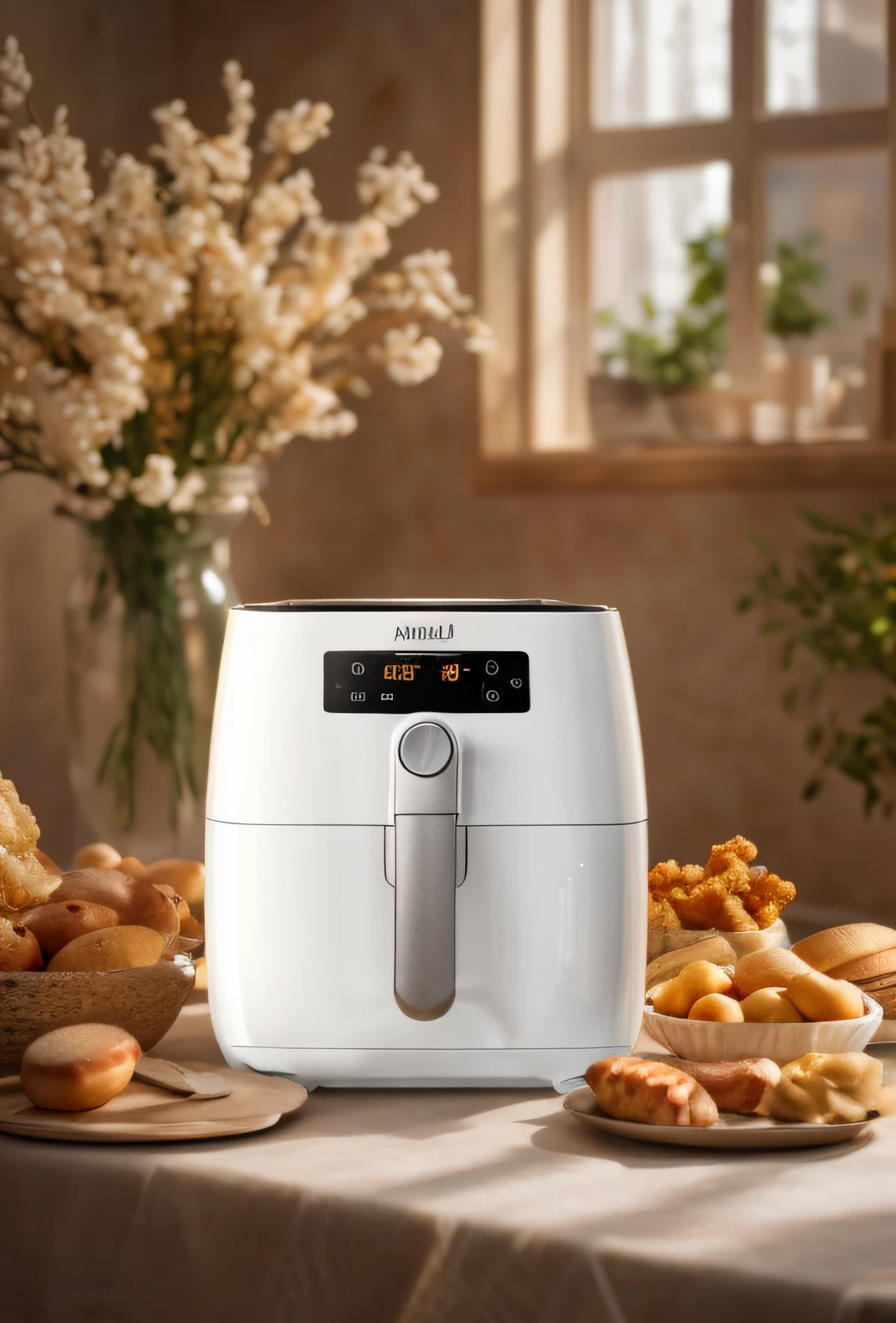 masterpiece,best quality:1.3,3D,detailed,(photorealistic:1.4),Ultra HD,Ultra Fine,reality,
a white air fryer with food piled into different containers, in the style of romantic atmosphere, light gold and light amber, False naïve, flatness of space, toraji, pretty, use of screen tones