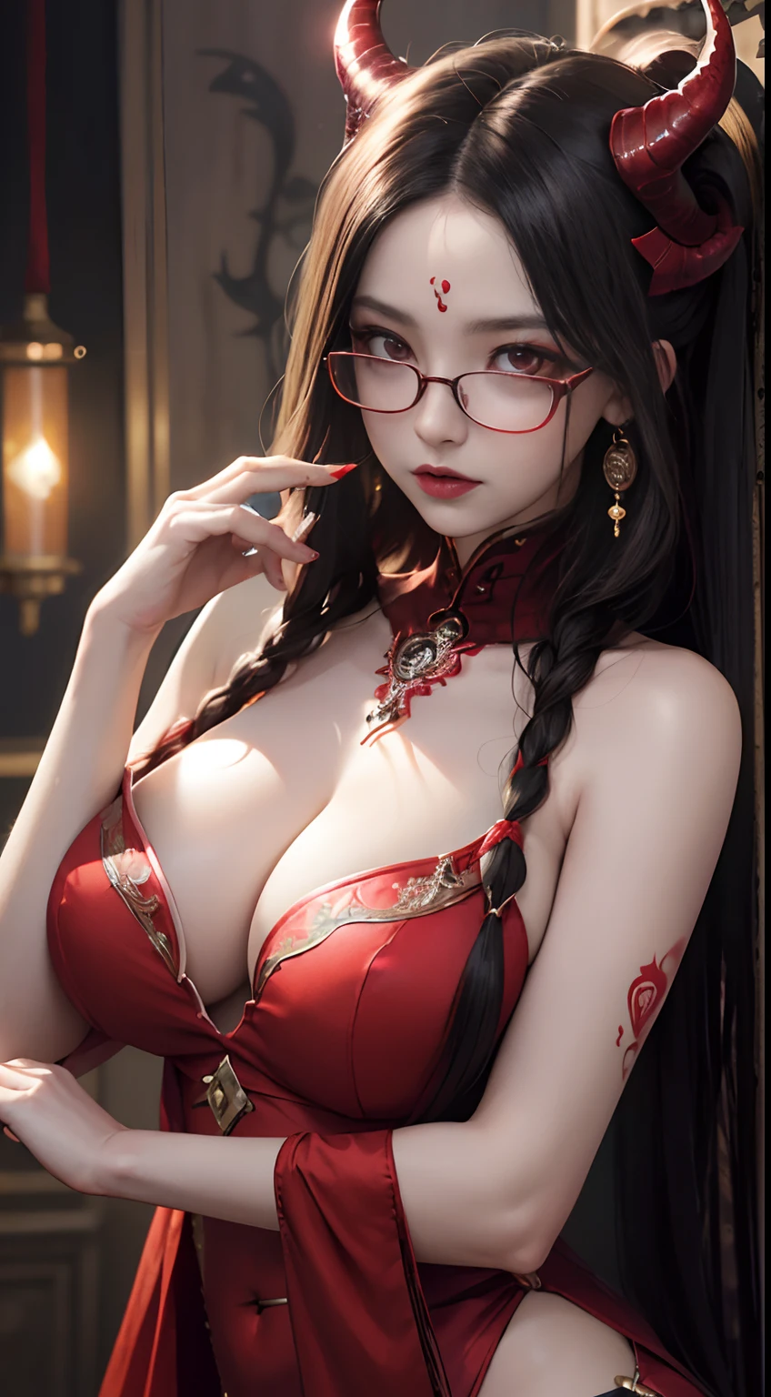 Fine、(The best illustrations)、8k UHD resolution、intricate-detail、top-quality、realisitic、ultra-detailliert、The best lighting、Best Shadows、Soft lighting、Ulutra HD、Ultra-realistic、Tindall Effect、Photorealsitic、(High Detail Skins:1.2)、 (Intricate details, makeup, pureerosface_v1:0.5), (Detailed beautiful delicate face, Detailed beautiful delicate eyes, A perfectly proportioned face, High detailed skin, Detailed skin, best ratio four finger and one thumb, arms below breasts, Tattoo with a red glow under the stomach、Awesome awesome, wide hips, smooth midriff, skiny and thin, __Fashion__, __hair__:1.25)、Digital SLR、 absurderes、1 beautiful devil woman from hell, surreal female portraits by David Hockney and Alphonse Mucha, Seductive Woman、Fantasy Art, Chinese Doll、Chinese actress、Dungeon、The dragon、Devil's Palace、Devil's Torture Chamber、natta、Dark style 、In the Dark、(Detailed spooky backgrounds:0.8), magia、 女の子1人、Evil Nun、Dark Necromancer、Succubus、Devil's Daughter、Umi Shinonome、Bat Wings，(((Demon Horns)))、 ((((Huge glasses, Otaku Glasses, thick glasses, Round glasses)))),(((Colossal tits)))、(Devil's Tail)、(red eyes glowing:1.6)、red eyes make up very sharp and detailed, The eyes are very well made up, ((Red Eye:1.0)),intricate tattoos, demonic intricate tattoos, thigh tattoos, body tattoos, ​masterpiece、The most beautiful face、a baby face、Charming smile、plump beautiful red lips、Muscular seductive body、The enchanting body of the devil、devil style、Seductive Black Magic Costume、(((A shiny red snake is wrapped around her body)))、Longhaire、Braids、Black hair、Ponytail distortion、, Ponytail with a bow tied at the back of the hair, Beautiful expression、Body Up、Large breasts emphasis、Bust,  Super tight breasts, Breast augmentation surgery, The breasts are very big and round and round,Toned waist、Wide buttocks、 lowkey, cowboy lens, (red phoenix dress: 1.0),  devil crown,  Red sparkling gemstone necklace、Jewelry Gwise,  wearing black mesh socks,wearing a thin red and black robe, Hands p