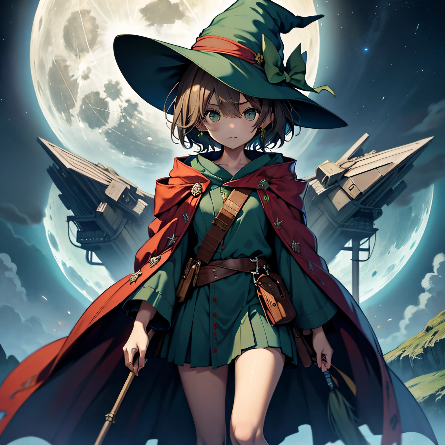 top-quality、extremely delicate and beautiful、((A teenage girl))、Green eyes、small tits 、Short hair、Brown hair、short-hair、(Green Wizard Hat)、((Big blue ribbon on hat))Soio、Skirt to the knee、Green clothing、long-sleeve、Red brooch on the neck、((Blue wizard robe))、is standing、Facing the front、Expression of hatred、Full moon night on background、Only eyes