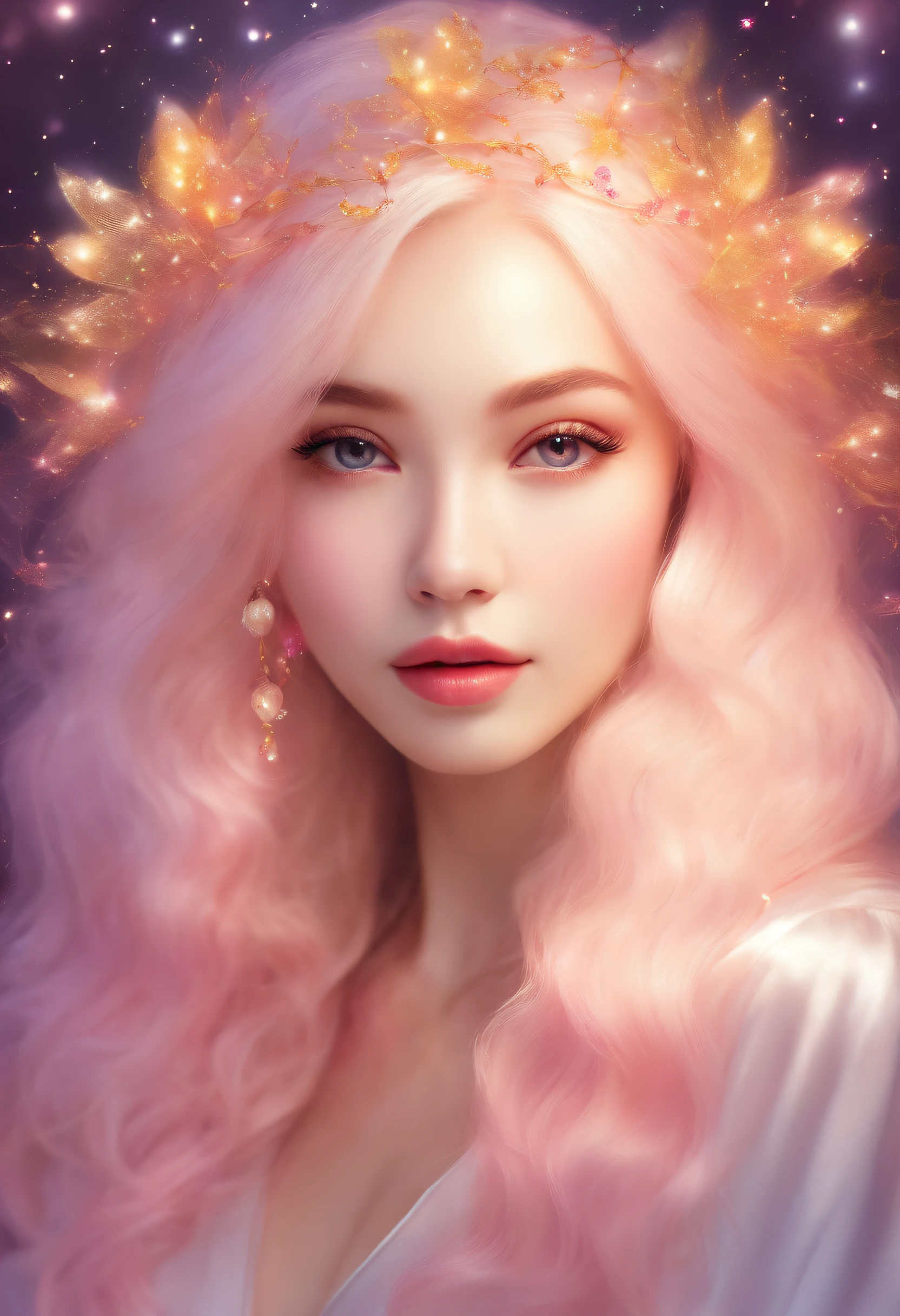 Mysterious glowing background with pink, yellow and white at the center、Light hair color、Women with long hair、Facing the front、Beautiful fece、Deities々Right、Friendly、nostalgic、Glittering background