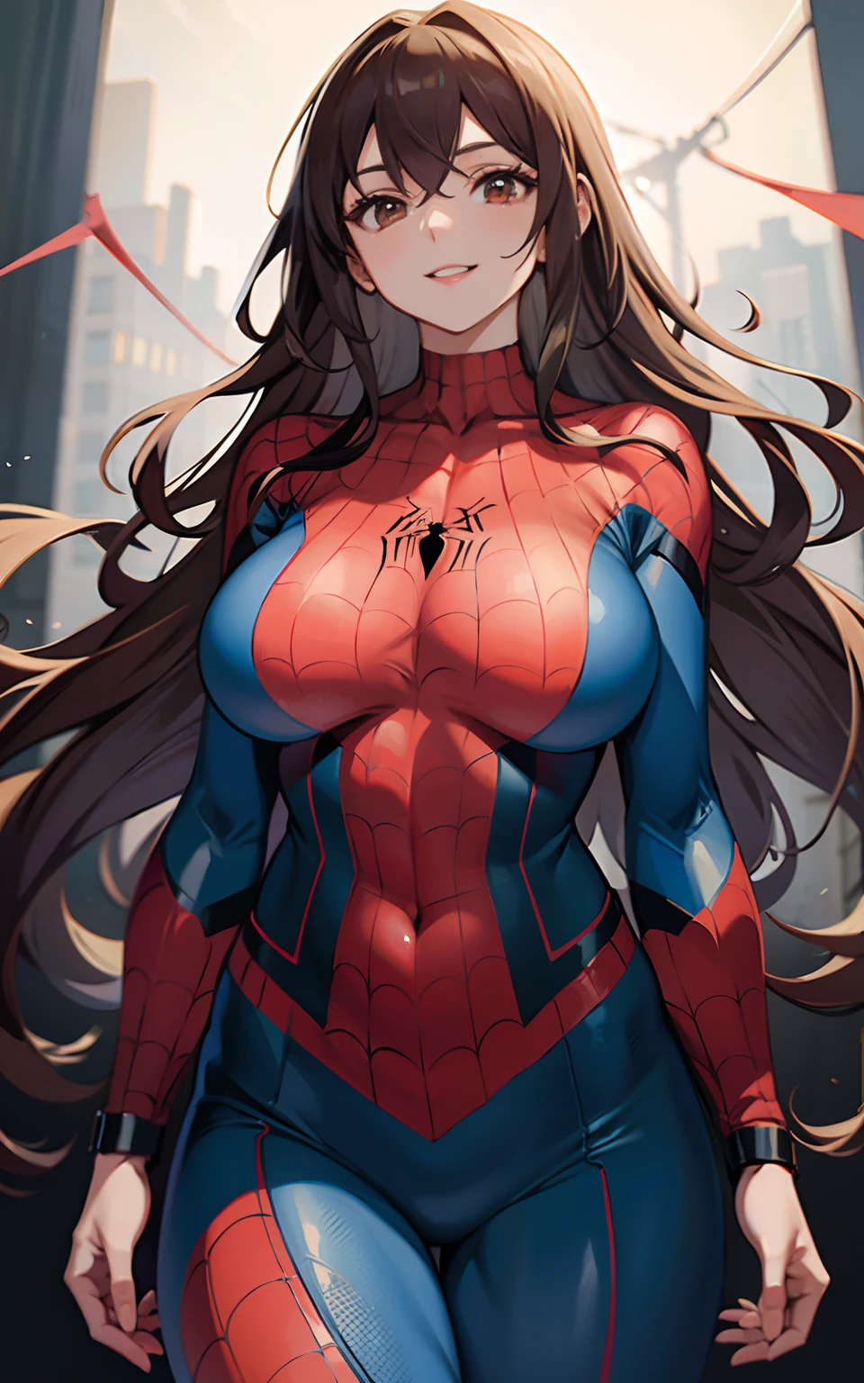 Masterpiece, Best quality, 8K, A high resolution, 1girll, Seductive, Spider suit,Innocent smile, Spider-Man follows, Female, spidewoman, (Masterpiece, Best quality:1.2), Upper body, Solo, 1girll, view the viewer, Spider suit, Spider Web Print, spiderwebs, Long hair with wavy red curls, huge tit, Fitness model, Long-legged dirt.
