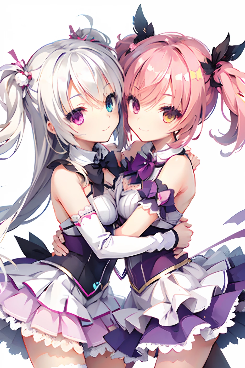 Two girls,Twin-tailed,Chest to chest,hug,Heterochromia,magical girl costume,evil smile,White background,Top image quality,Best Quality