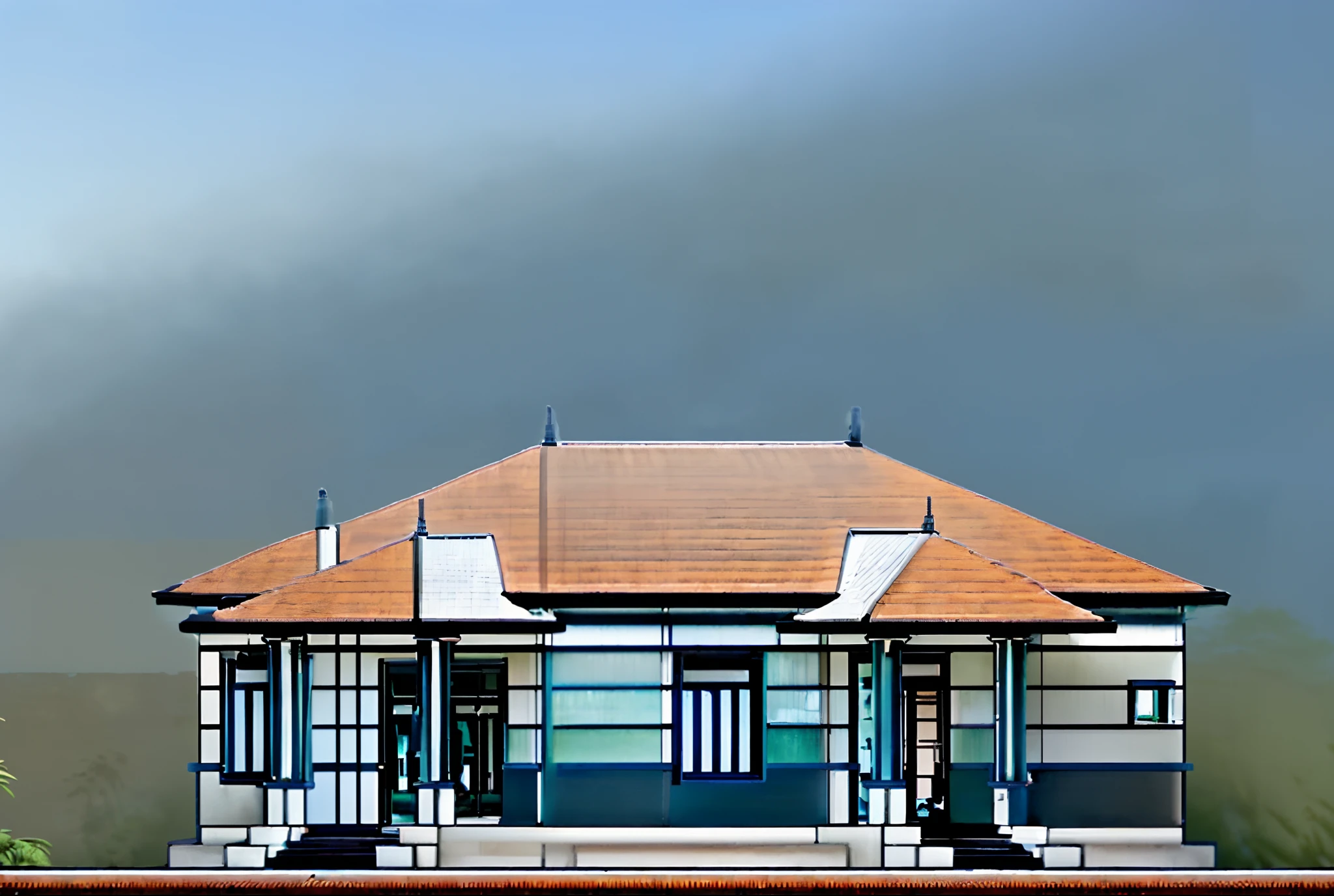 +Exterior of modern Japanese-roof house under sunrise, ((tropical hillside)),
+foot cover
+ Dark blue tiled roof
+paint the walls navy blue
+ hall plants and flower beds
+ wooden doors, aluminum glass windows combined with door blankets
+ interior wooden ceiling and shimmering black combination
+beautiful landscape with tropical trees and green grass
+ The building's walls are sea green
+Blue tile roof combined with black
+ clear blue sky combined with dawn sunlight
+ Clear landscape around the project
+ full of rural character
+ I want absolute quality