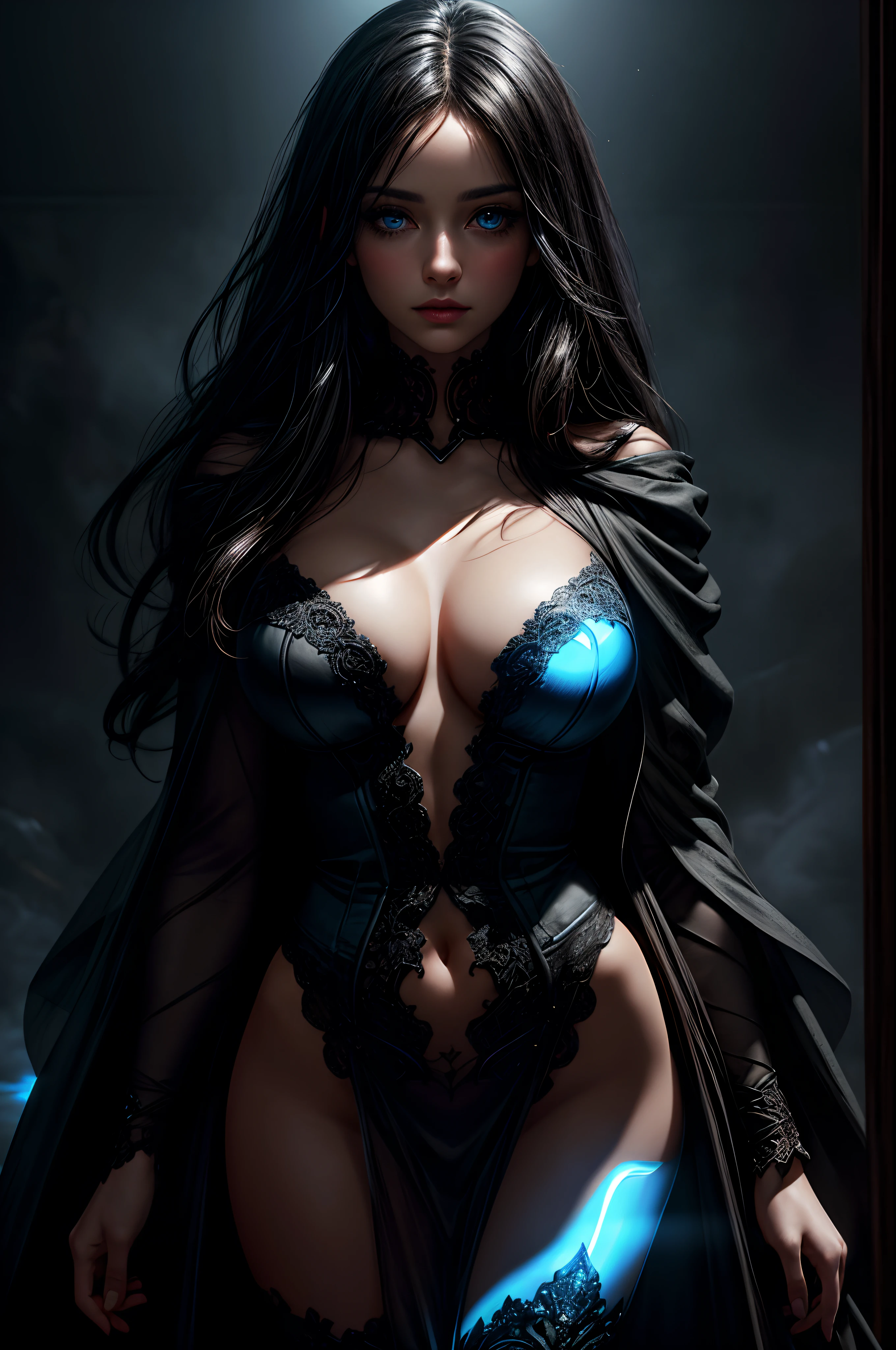 (photorealism, best quality, high details, high-resolution:1.2, masterpiece, 4K), (dark fantasy illustration:1.3), portrait of beautiful woman, ((surrounded by black fog coming form all directions)), woman, messy black hair, nude, beautiful face, hourglass body, blue eyes, ((blue glowing eyes)), elegant, intricate , hourglass figure, (finely detailed beautiful eyes: 1.2), ((huge breasts)), perfect body, looking at viewer, enchanting gaze, 1gril, full body portrait, cinematic lighting, darkness, dark scene, ((dim light)), mute lighting, super detailed, ultrarealistic, digital photography