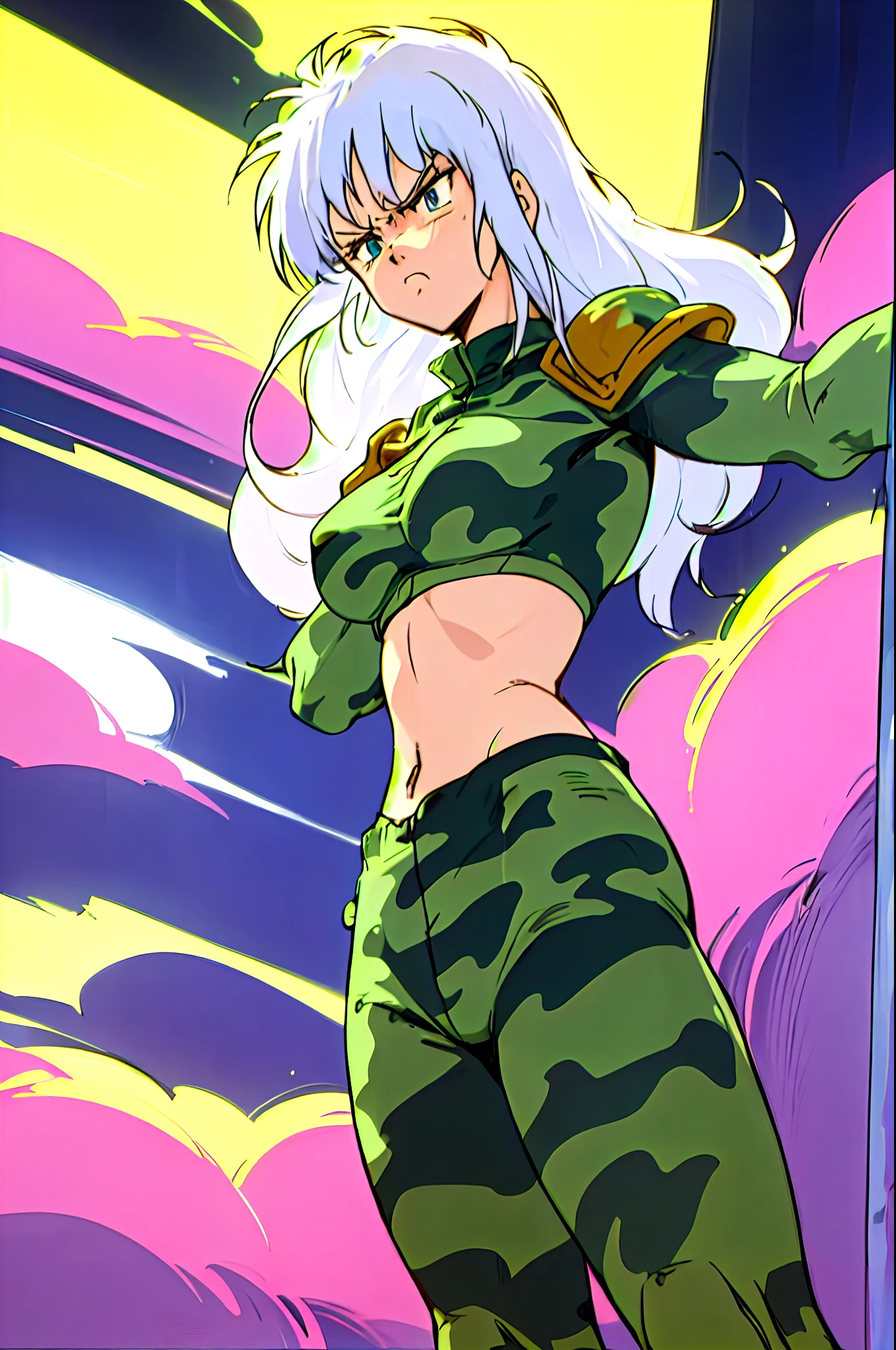 1girl as female in camouflage suit armor, white hair, torso shot, hands in the air, long hair, front view, shortstackBT, looking angry, in HNKstyle, 80's anime
