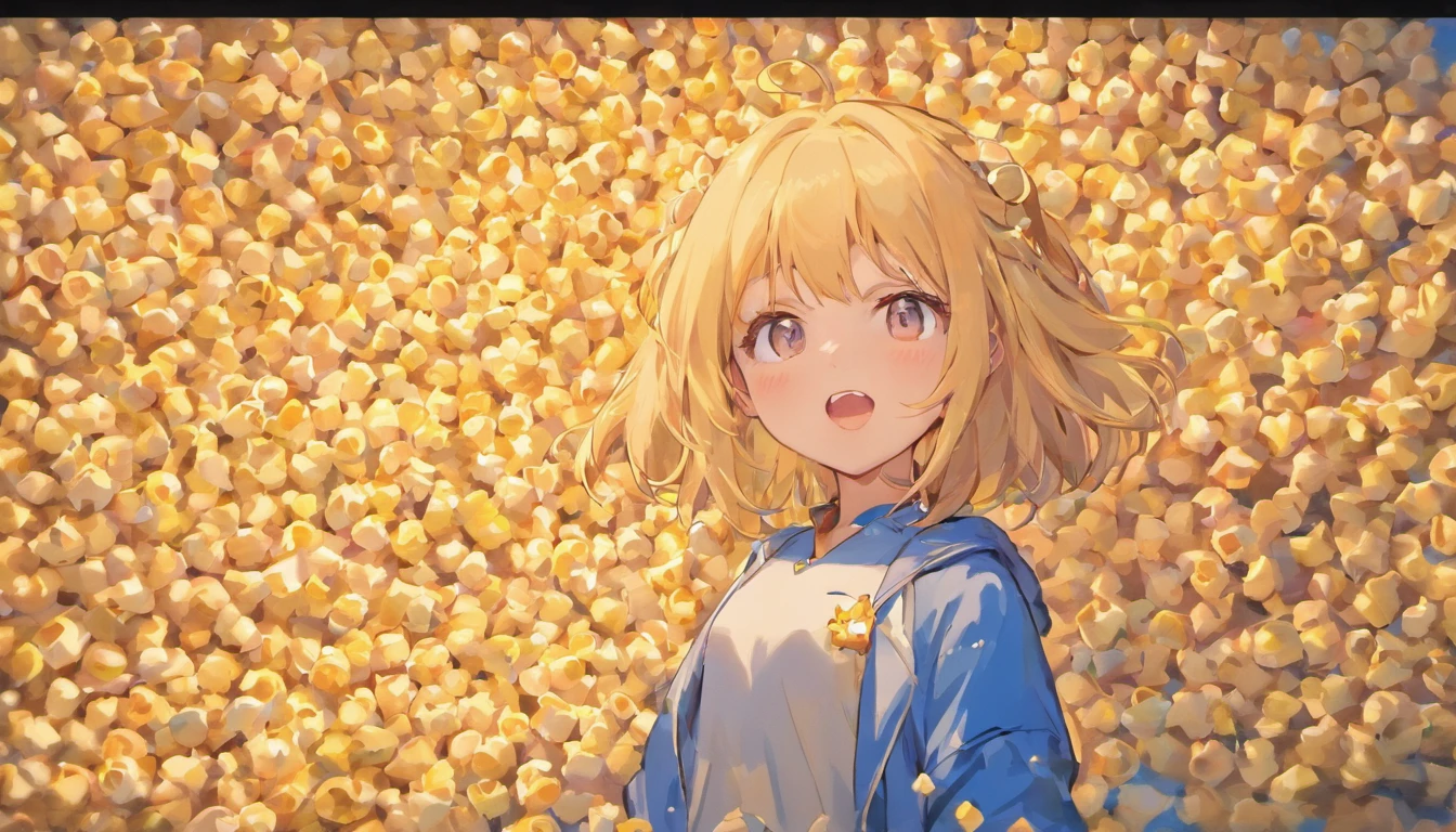 Happy 3D style girl with face looking diagonally with head sticking out inside a room full of popcorn, Muita pipoca
