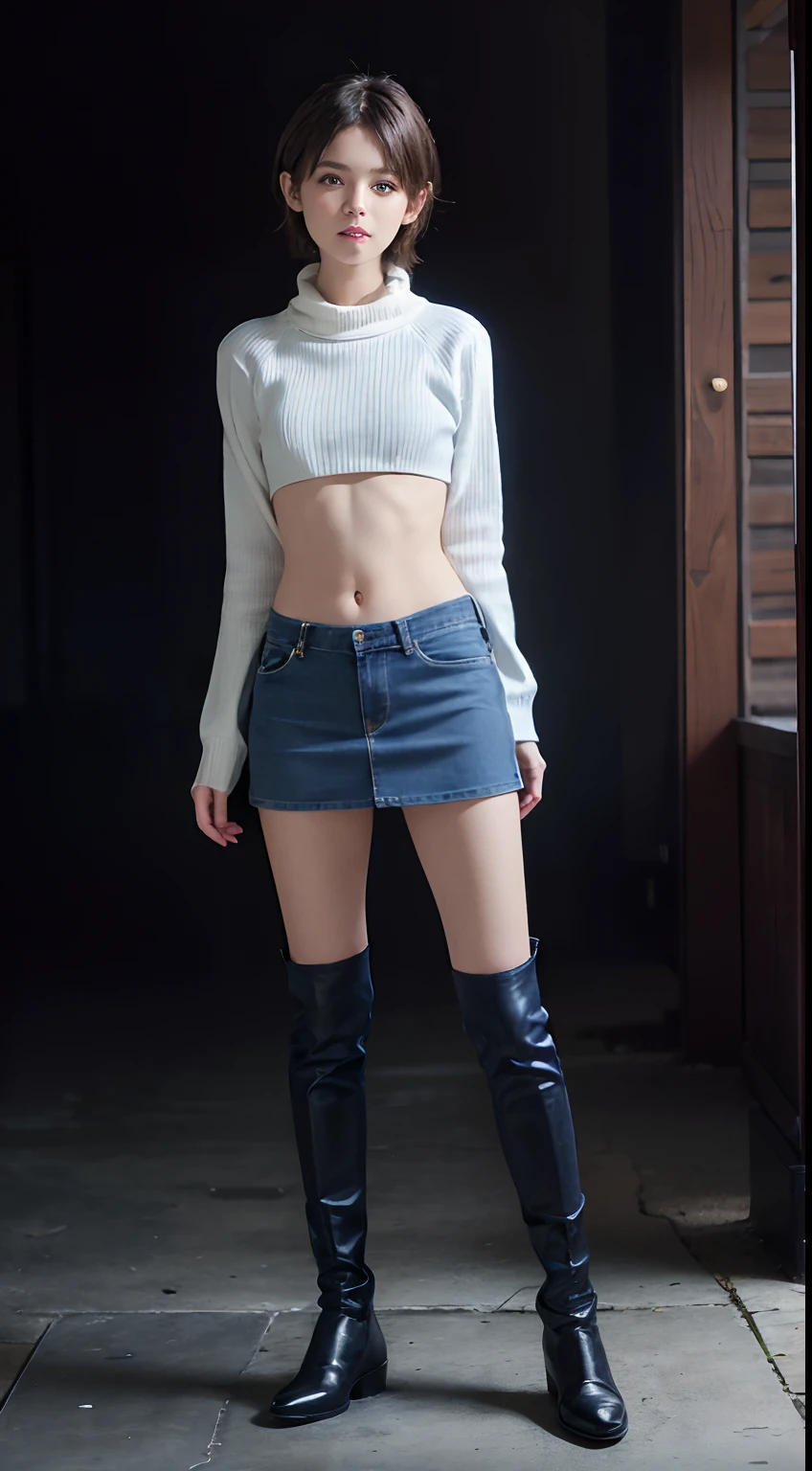 (masuter piece:1.3)、(8k、Photorealsitic、RAW Photography、top-quality: 1.4)、(1girl)、beautiful countenance、(lifelike face)、(A dark-haired、short-hair:1.3)、Beautiful hairstyle、realisticeyes、Beautiful details、(real looking skin)、Beautiful skins、、absurderes、enticing、超A high resolution、A hyper-realistic、high-detail、the golden ratio、、 ((wide open abdomen))、((open abdomen))、((wide open navel))、((open navel))、((Bare belly))、((Mid-Riff Sweater))、((Ultra-low rise、Denim Mini Skirt))、 ((Navel Ejection))、((small hips))、((Full body depiction))、((small hip))、(long boots)、((Ultra-low rise))、 ((Denim Mini Skirt))、((is standing))、