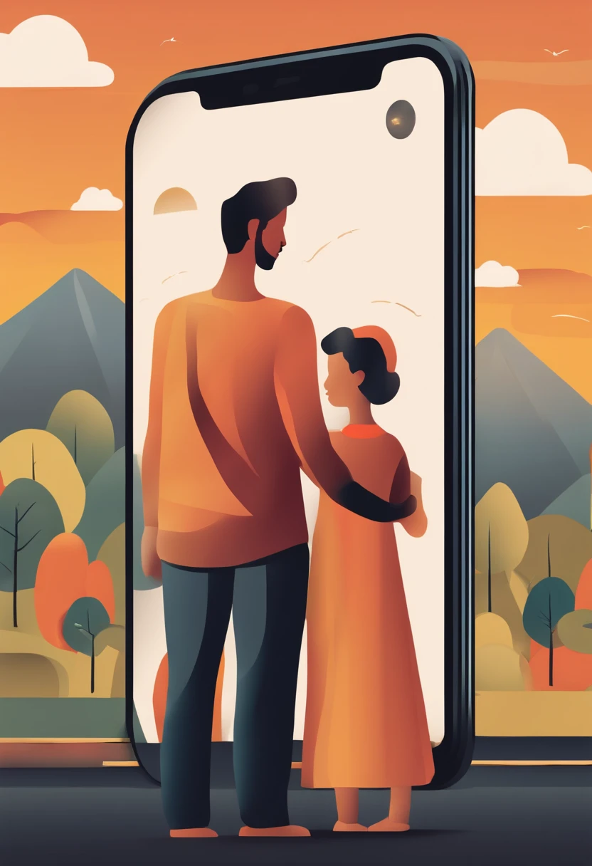 Infographic design, vertical image, parent and child, holding smartphone, no background