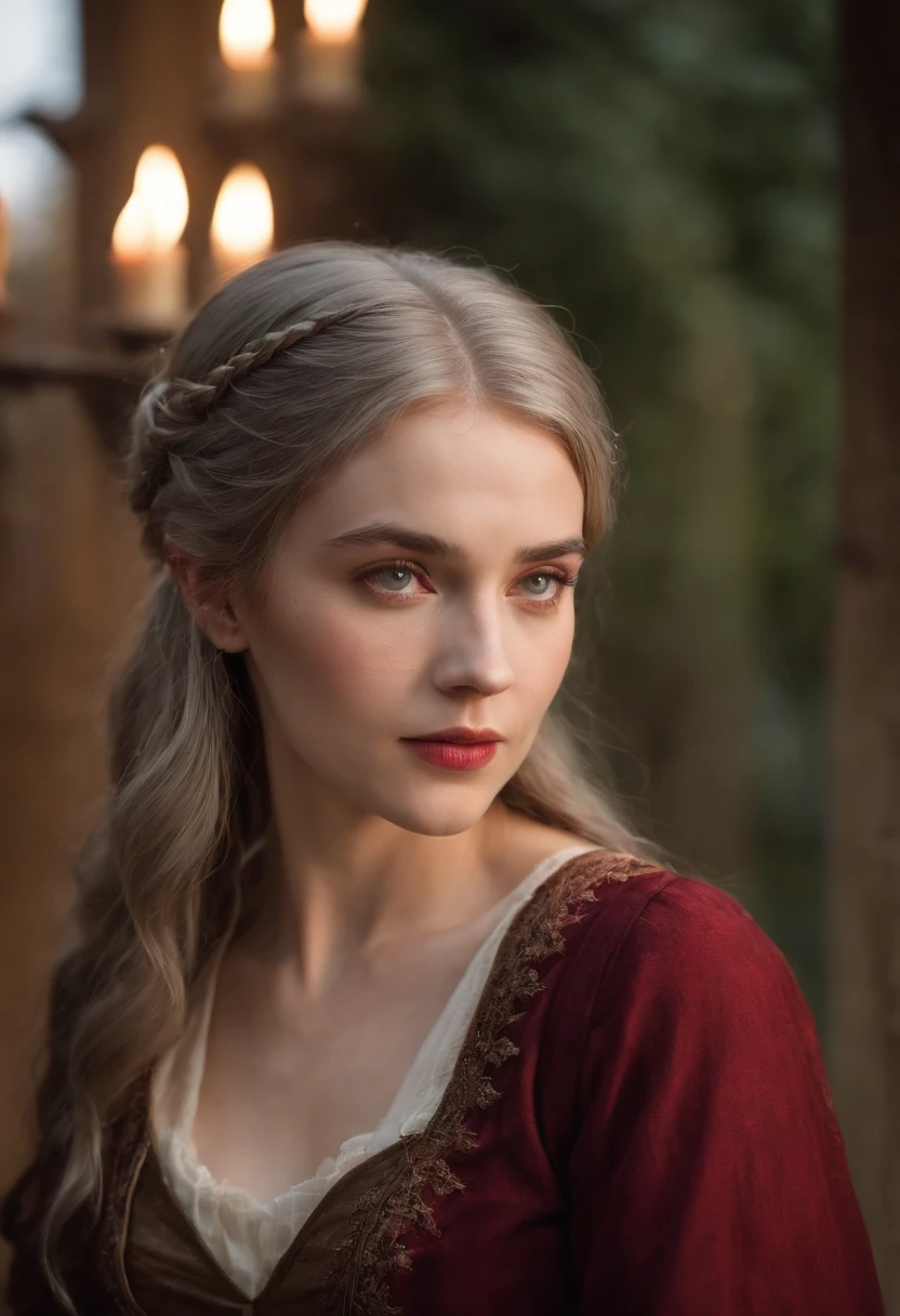 (((A deep red wound streaked across her left cheek))) Fair complexion, A woman around 19 years old, Natural gray hair, Unique green eyes, Wear Cole, Slender and graceful, Beautiful, Candlelight in a medieval setting, super sharp focus, realistic lens, Medieval women's clothing, Four colors (Scar:1.4)