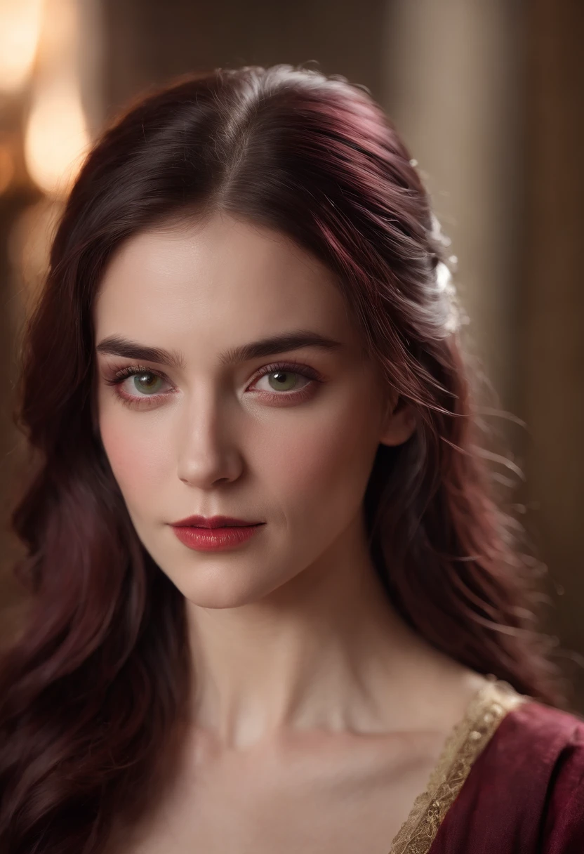 (((A deep red wound streaked across her left cheek))) Fair complexion, A woman around 19 years old, Natural gray hair, Unique green eyes, Wear Cole, Slender and graceful, Beautiful, Candlelight in a medieval setting, super sharp focus, realistic lens, Medieval women's clothing, Four colors (Scar:1.4)