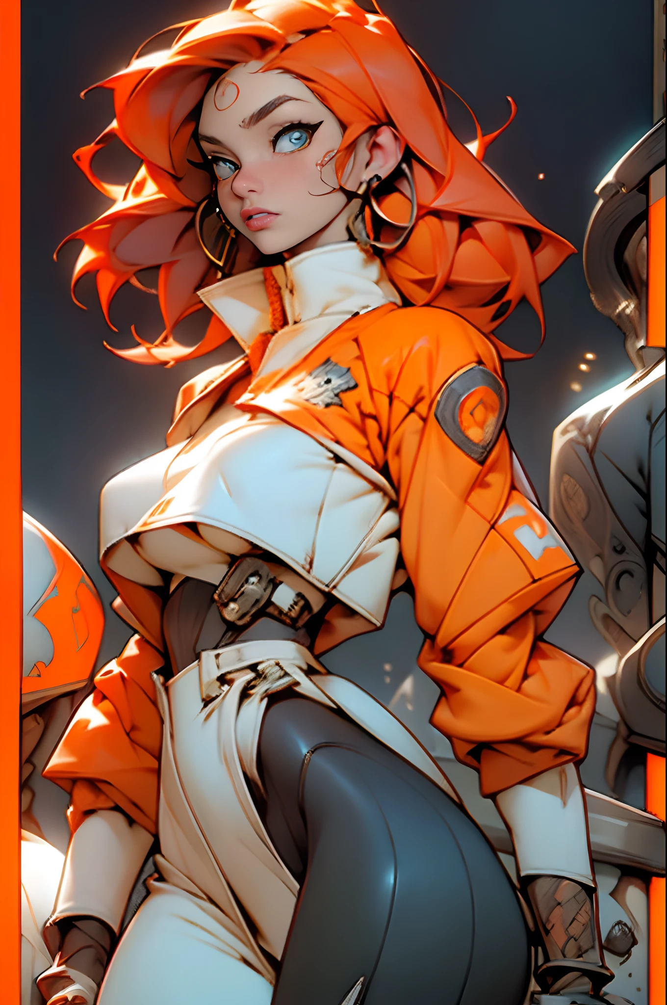 Textures: 1.5, orange: 1.1, white: 1.3, yellow: 1.3, (redhead woman), sexy, tattoos, (power puffer clothes: 1.2), 3d graffitti, abstract, lines, background circles, by Adam Hughes, art by Jay Anacleto, very thin waist, huge hips, perfect face, detailed face, (extremely detailed:1.3),highestres,sharp_eyes,1girl,portrait,from above, symetric eyes, looking at the viewer