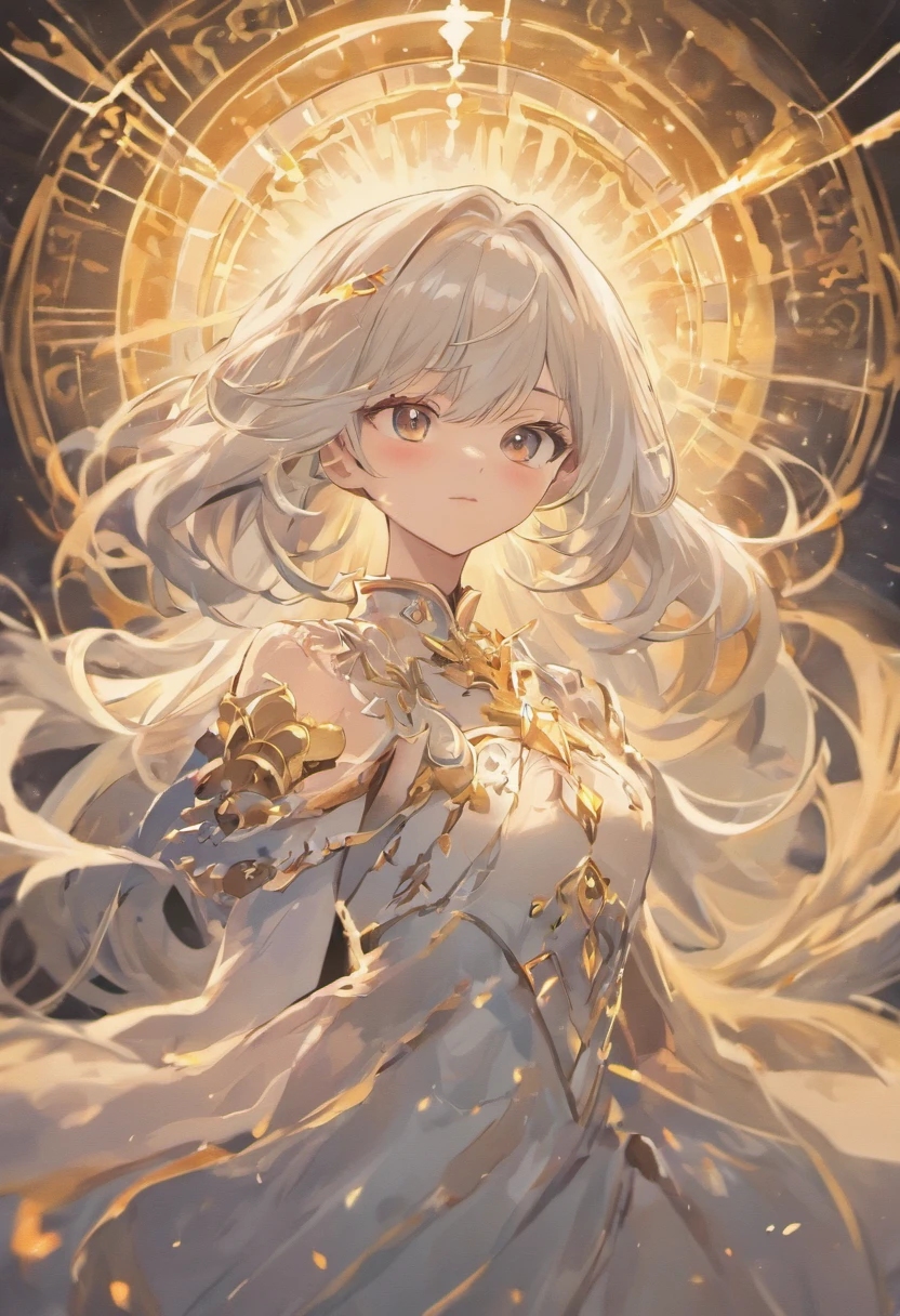 The hair is silvery-white，Feel free to drape，It's like mercury pouring down，The eyes are a beautiful gray。What he wears，An elegant dress similar to black，The gold ornamentation on it shows the indescribable dignity，Like a sage who pursues knowledge and truth。