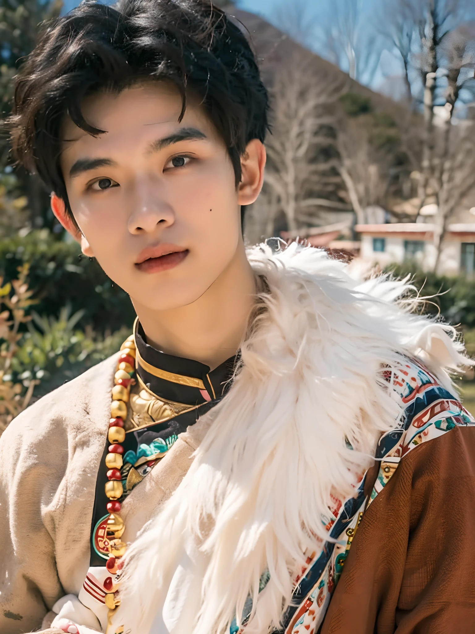 14-year-old boy, ((male)), Tibetan man, Tibetan serving, ((Tibetan)), handsome, happy, brown clothes, furry decoration, happy, cheerful, big eyes, fluffy hair, curly hair, outdoor, (8k , Best Quality, Masterpiece: 1.2), (Real, Photo Real, Photo Real: 1.37), Buddha Beads, Golden Wheel, Super Detailed, Tibetan Pattern, Brown Hair, (Handsome Expression), Ray Tracing, Ultra HD, Texture Skin, High Quality, High Resolution, Award Winning, 1080P, 4K, HD