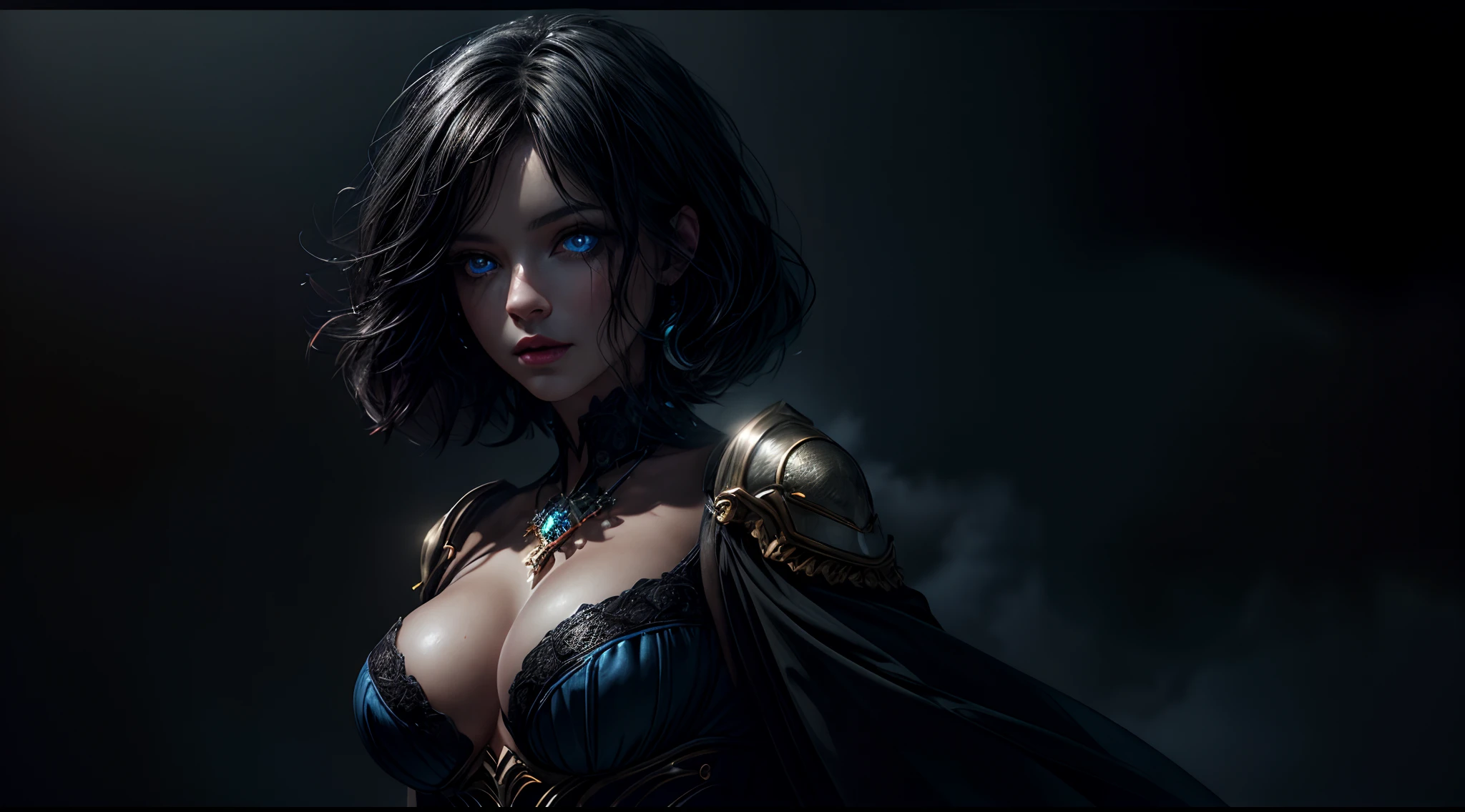 (photorealism, best quality, high details, high-resolution:1.2, masterpiece, 4K), (dark fantasy illustration:1.3), portrait of beautiful woman, ((surrounded by black fog coming form all directions)), woman, messy black hair, , beautiful face, hourglass body, blue eyes, ((blue glowing eyes)), elegant, intricate , hourglass figure, (finely detailed beautiful eyes: 1.2), ((huge breasts)), perfect body, looking at viewer, enchanting gaze, 1gril, full body portrait, cinematic lighting, darkness, dark scene, ((dim light)), mute lighting, super detailed, ultrarealistic, digital photography