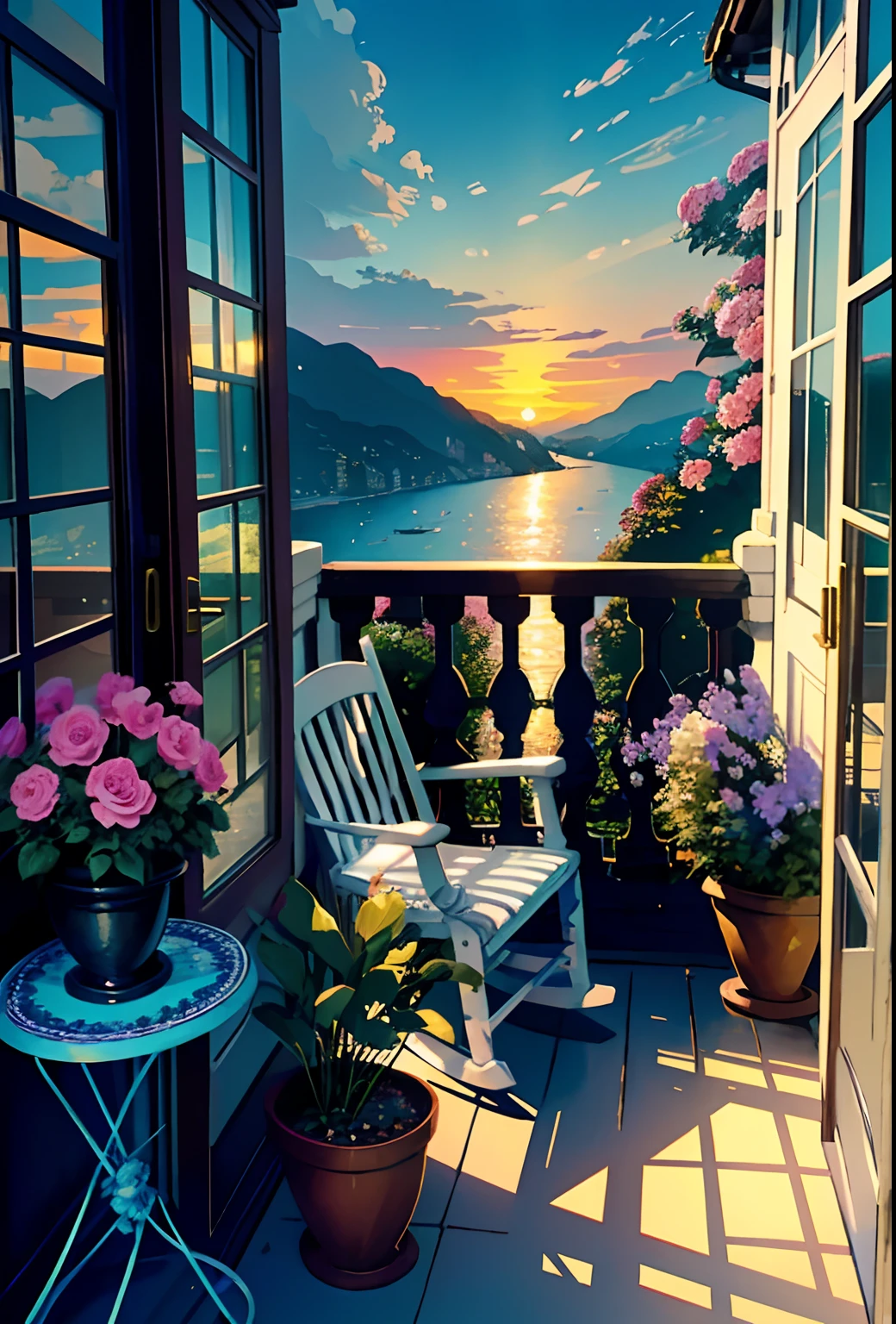 Veranda, Terrace, balcony, embankment, huge, plants in pots, flowers in a vase, figurines, rocking chair, birds, cat, expensive and cozy interior, creative workshop, décor, Cozy artist's workshop, easel, color palette, acrylic paints, paintings, large windows, loggia, art, awards, table, sofa, armchairs, mirror, crystals, meditation, harmony, many books on the walls, view from the window, sea, mountains, amazing sunset, floral arrangements, paints, brushes, artist's theme, graceful, dynamic bright lighting, happiness, full color, multicolored, artificial, highest detail, super quality, fine details, highlights, neon lights, masterpiece, best colors