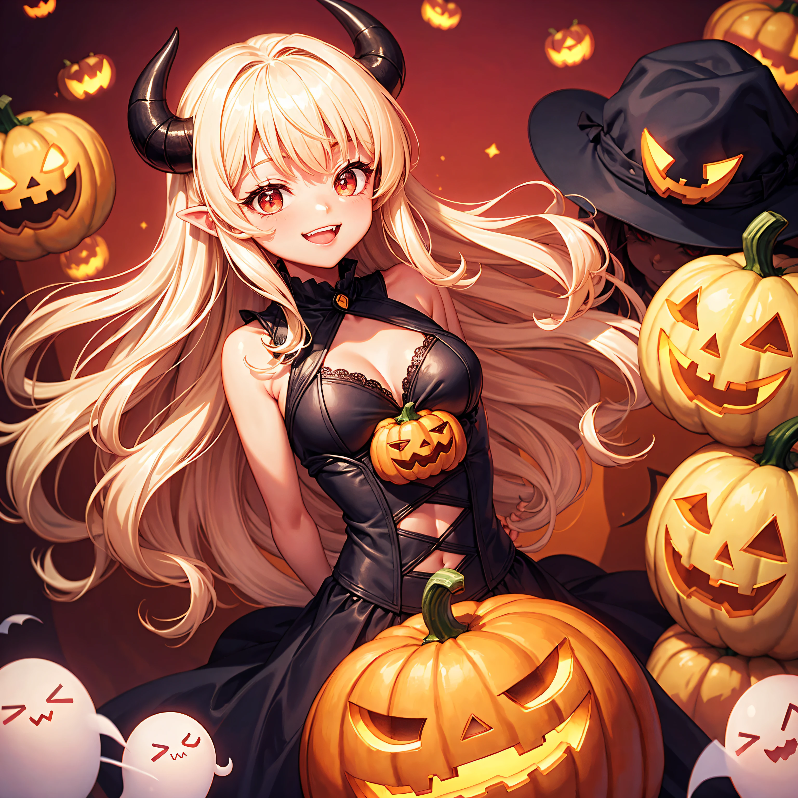 devil, Black Devil, Cute Devil, Anime Illustration, ultra-detailliert, Hyper Sharp Image, tusk. long hair with blonde wavy curly hair, Wearing a rubber costume, Halloween Festival, Jack-o'-lantern, ghost, Happy smile, Cute smile, Red Eyes, Dark skin, Eating pumpkin, chibi emote, Arms Down, arms behind back, four fingers a thumb, Perfect hands,