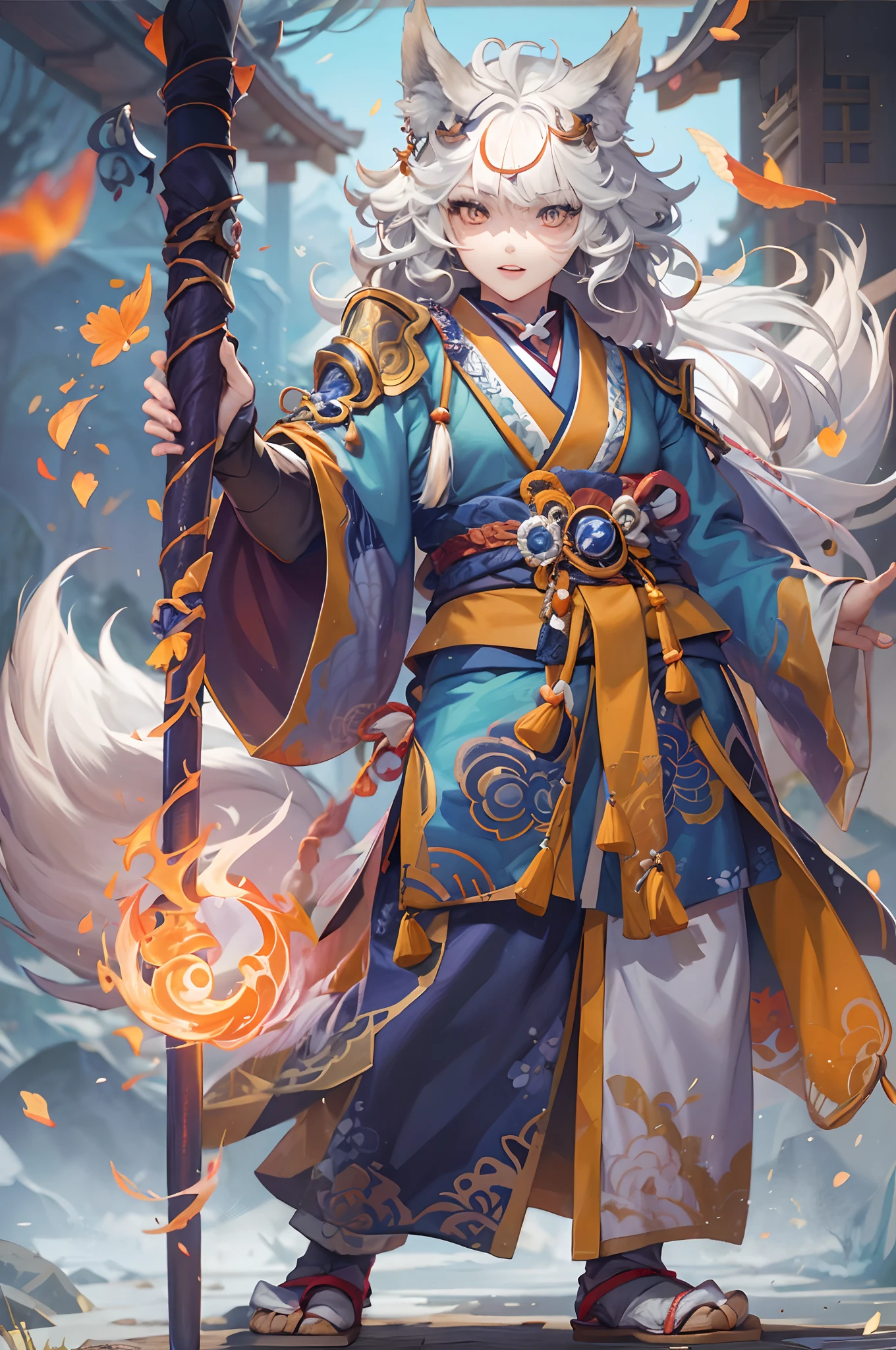 An anime-style wolf wearing an orange and white traditional Japanese garment, It has blue and orange odd-colored eyes, A wolf samurai, wolf shaman, wolf, wolf holding a torch, wolf-inspired armor, white-haired wolf, wolf wearing a dragon mask, artwork with a touch inspired by the immersive fantasy RPG "Onmyoji," Susano-no-Mikoto, full body, standing portrait, cute young wolf boy