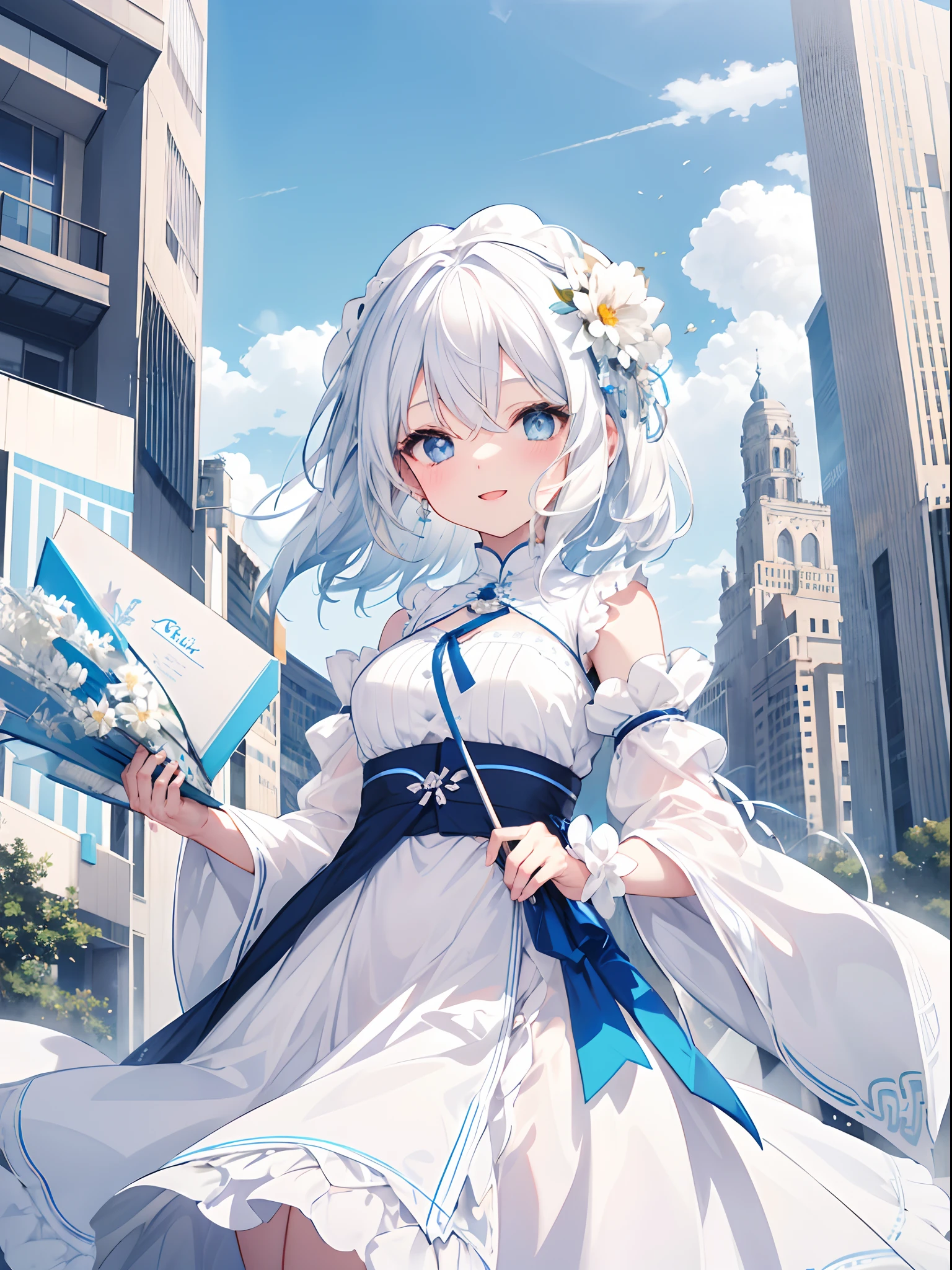 Cheerful Girl Medium Hair Name:Rumi Fluffy Blue Sky White Hair White Long Dress Blue Eyes Smile Cute Lady Old Cityscape