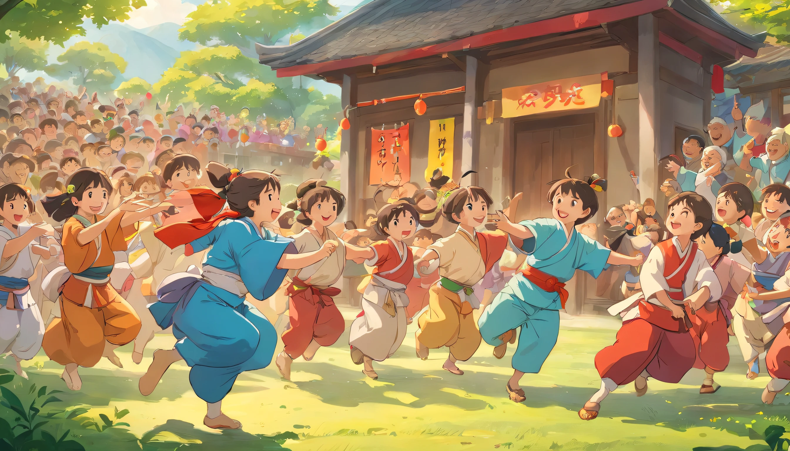 The village festival is held again。Villagers dressed in Zhuang costumes gathered，Dance，Laughter and blessings filled the village，A group of small children are grabbing the ball