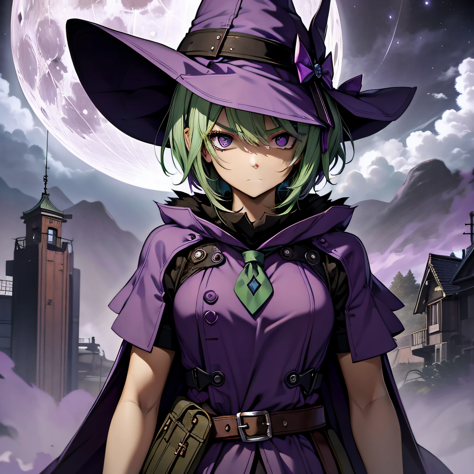 top-quality、extremely delicate and beautiful、(A girl)、Purple Eye、Green hair、short-haired、(purple witch hat)、Purple tie、Tactical Vest、Soio、shortsleeves、Purple skirt、Purple Wizard Robe、Navel、is standing、Facing the front、Expression of hatred、Full moon night on background、Only eyes