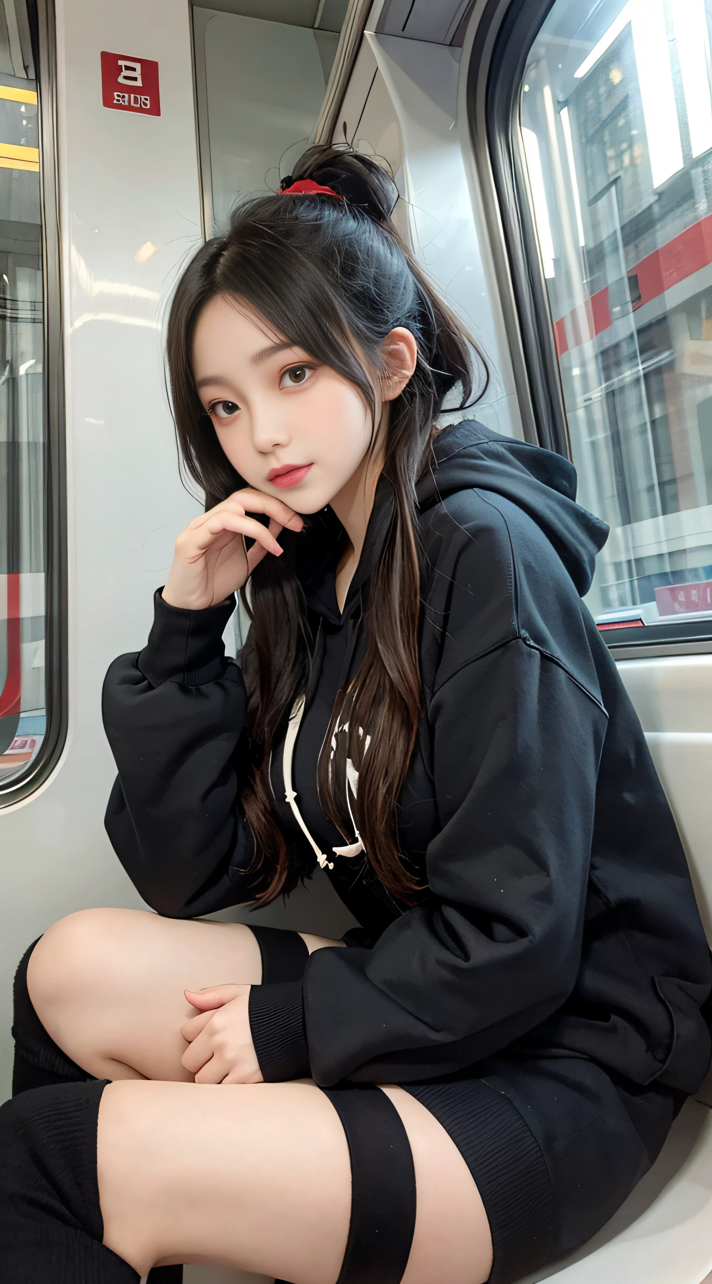 Long Hoodie, Black knee-high socks, Looking at Viewer, 1girl,Sitting on the train