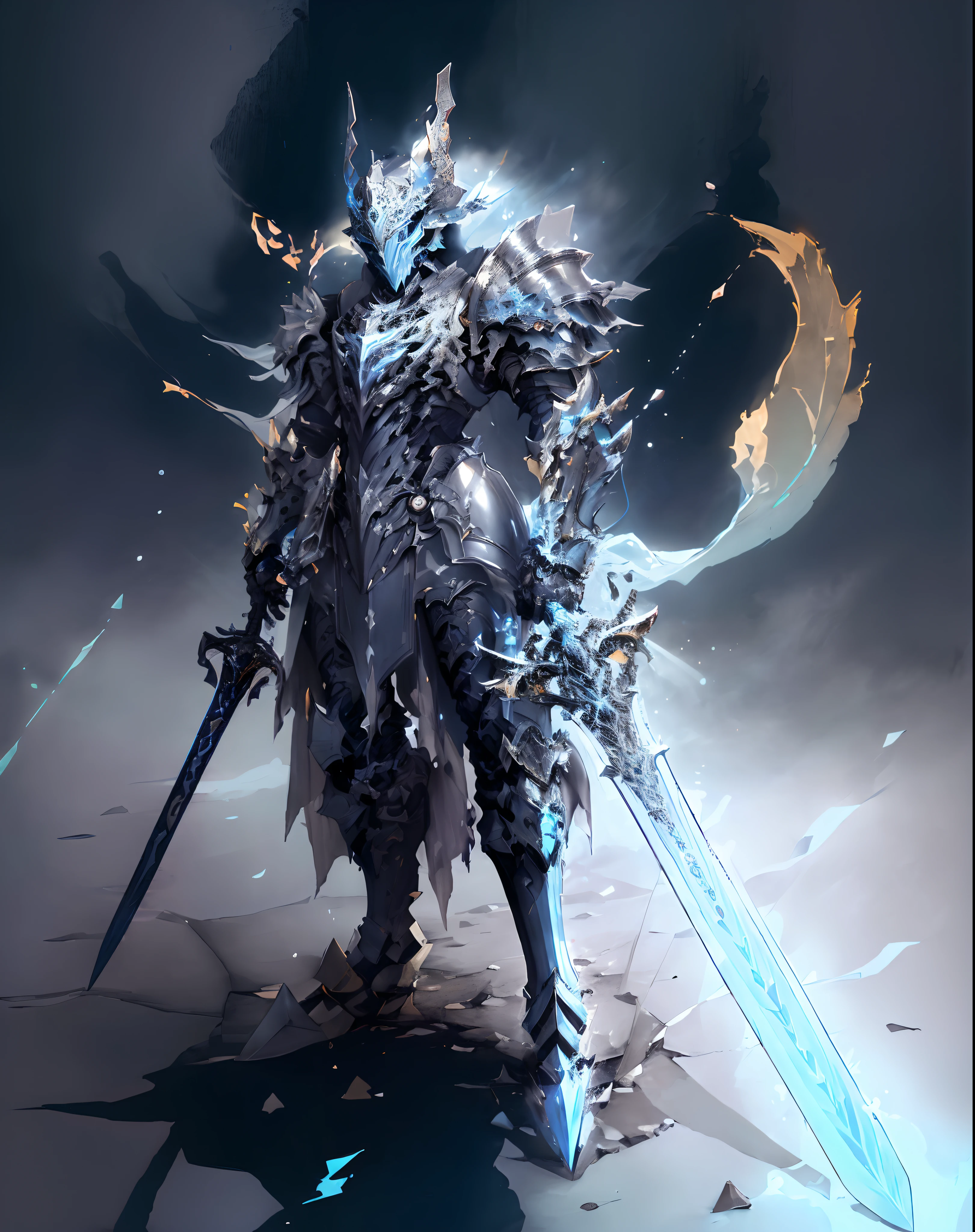 (masterpiece, top quality, best quality, official art, beautiful and aesthetic:1.2),(8k, best quality, masterpiece:1.2),CGDivineSwordsw, weapon, armor, solo, holding, horns, glowing, sword, 1boy, holding weapon, planted, male focus, glowing weapon, standing, helmet, gauntlets, holding sword, glowing sword, planted sword, shoulder armor, gradient, gradient background, greaves, pauldrons, (blue glow:1.3),