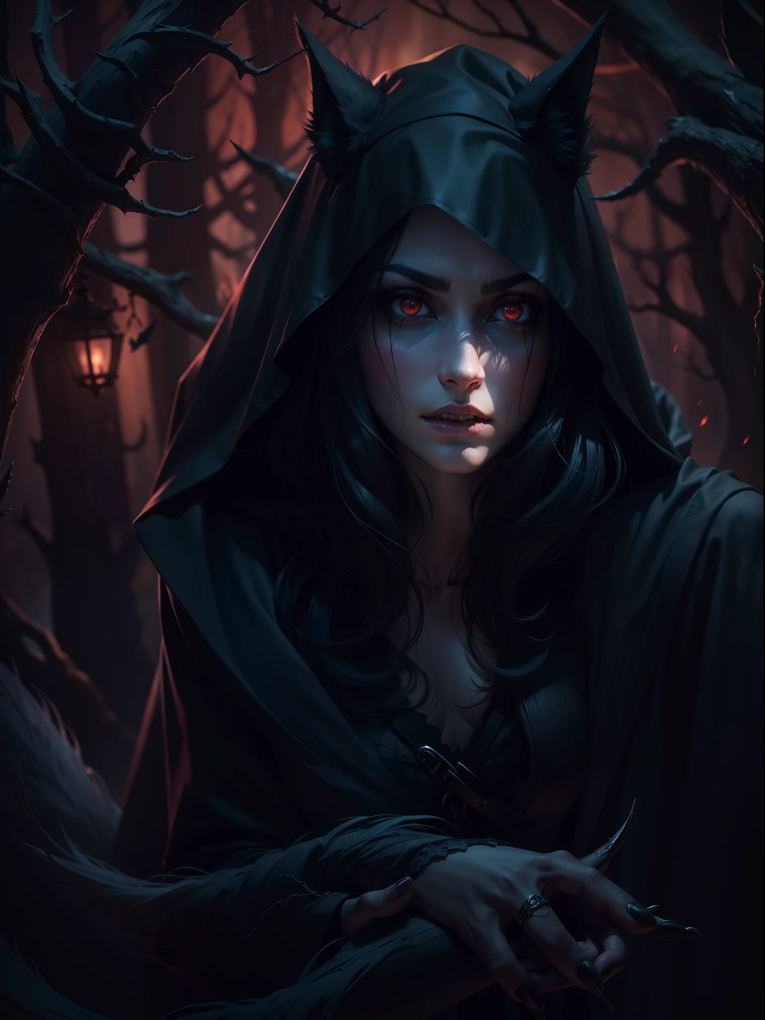 (highres:1.2),(realistic:1.37),devil girl,pet wolf,dark fantasy,enchanted forest,magic powers,glowing eyes,demonic features,black cloak,ominous atmosphere,moonlit night,sharp fangs,pale skin,ominous shadows,detailed facial expressions,dark tendrils,nightmare,haunting,gothic aesthetic,ferocious companion,vivid colors,dangerous beauty,captivating gaze,sinister aura,creature of the night,enchanted bond,loyal protector,moon's reflection,shadowy figure,ethereal,mythical,otherworldly,mesmerizing presence