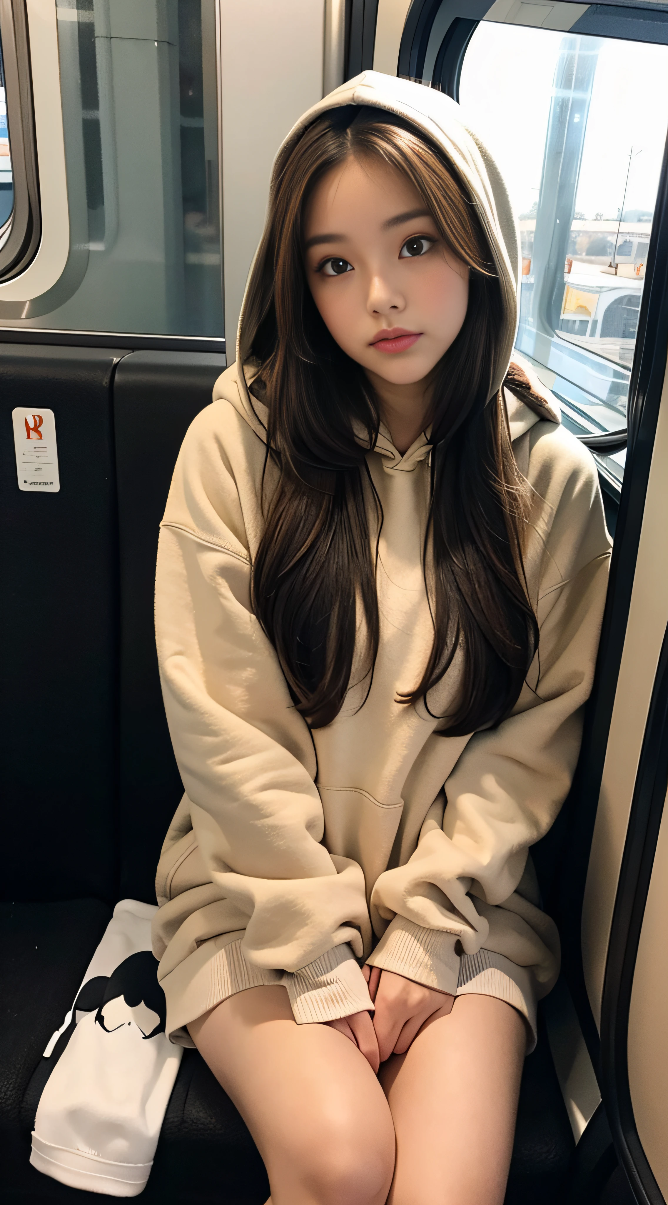 Long whit brown hair,Long Hoodie, Black knee-high socks, Looking at Viewer, 1girl,Sitting on the train