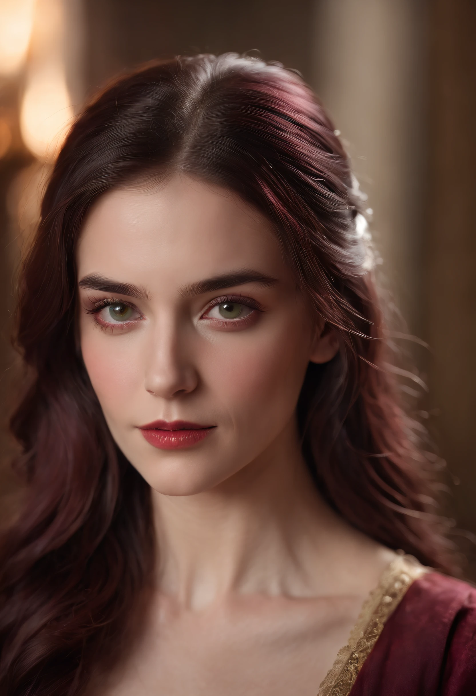 (((A deep red wound streaked across her left cheek))) Fair complexion, A woman around 19 years old, Natural gray hair, Unique green eyes, Wear Cole, Slender and graceful, Beautiful, Candlelight in a medieval setting, super sharp focus, realistic lens, Medieval women's clothing, Four colors (Scar:1.4)
