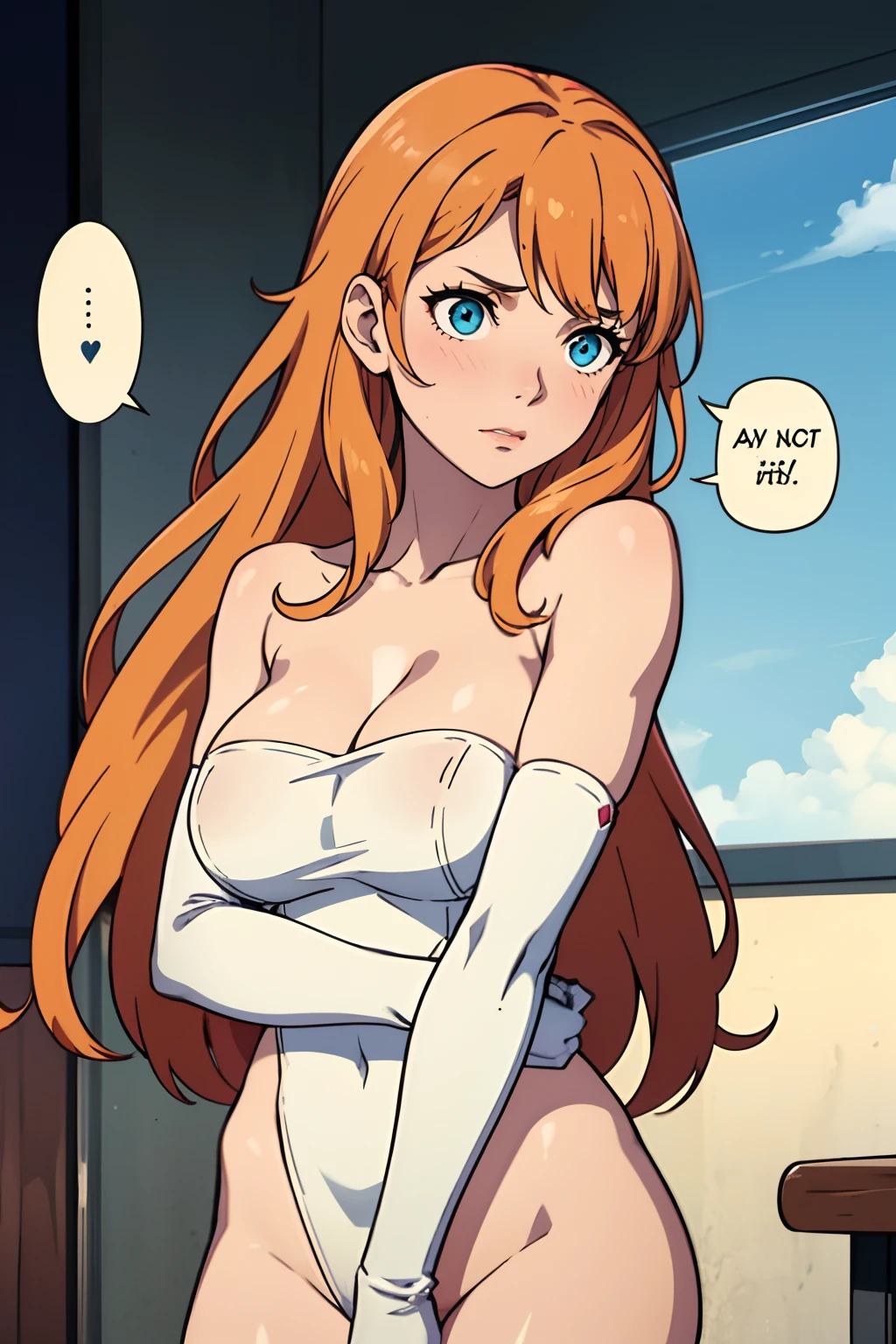 annette_student, long hair,orange hair, blue eyes, naked, long white elbow gloves, covering boobs with arm, embarrassed look, speech bubble that say : i only can wear long white gloves? i never knew you to be perverted Felix