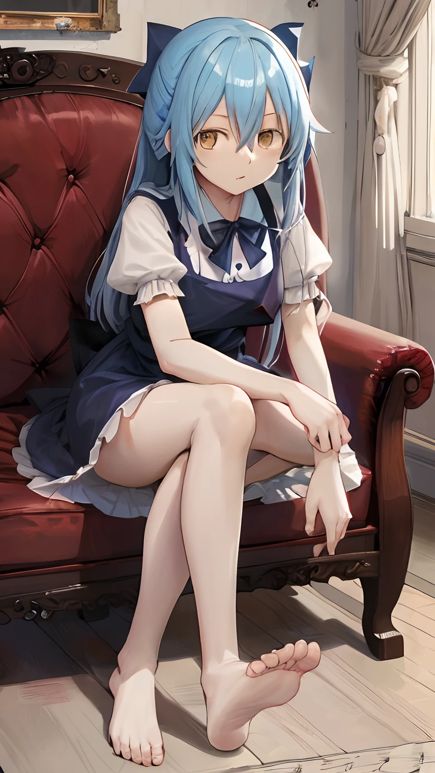 alice from alice in wonder land　Sitting on a chair, cute underwear with frill decorations　opening legs　pick up the skirt　leg ruffle band