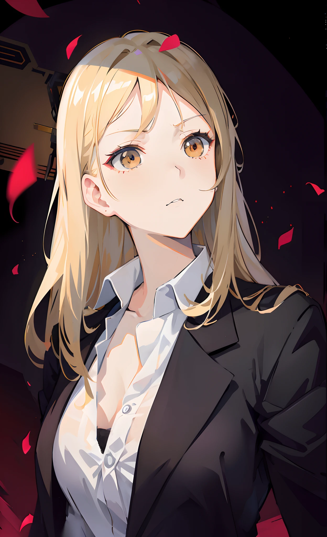 anime girl with blonde hair and black jacket posing for a picture, marin kitagawa fanart, from girls frontline, anime artstyle, blonde anime girl with long hair, portrait, zerochan art, anime visual of a girl, fine details, serious, angry, brown eyes, 4k resolution