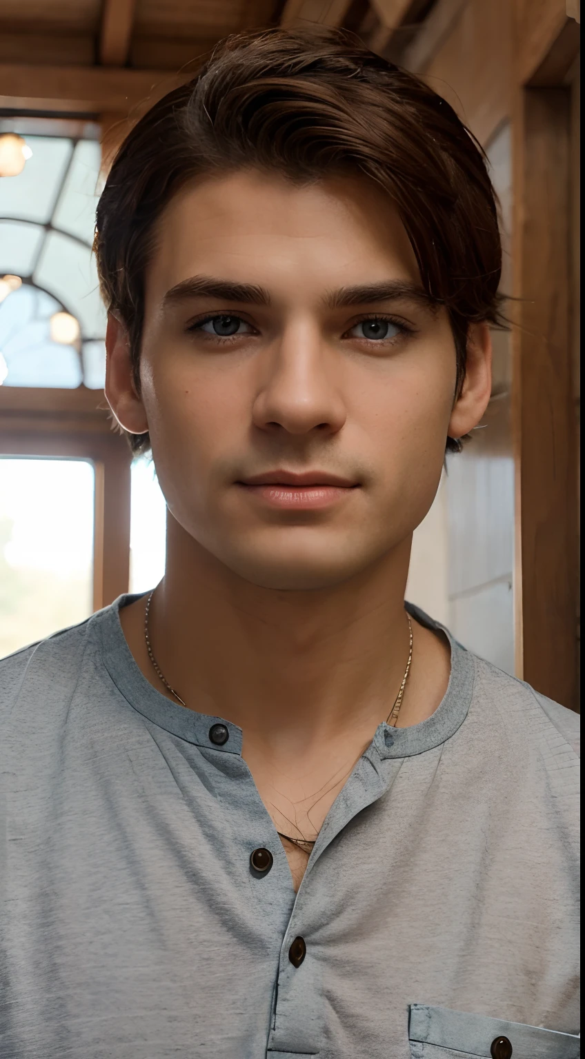 Create a high-quality, detailed male avatar with an Albanian nationality. The avatar should have a white Caucasian appearance, a happy expression, be aged between 25-40, and feature short brown hair and blue eyes. He should be dressed in a casual clothing style, standing, and facing the camera directly. Place him in an indoor setting with a simple background. Please ensure the avatar's appearance is realistic, with a strong emphasis on fine details and lifelike features.