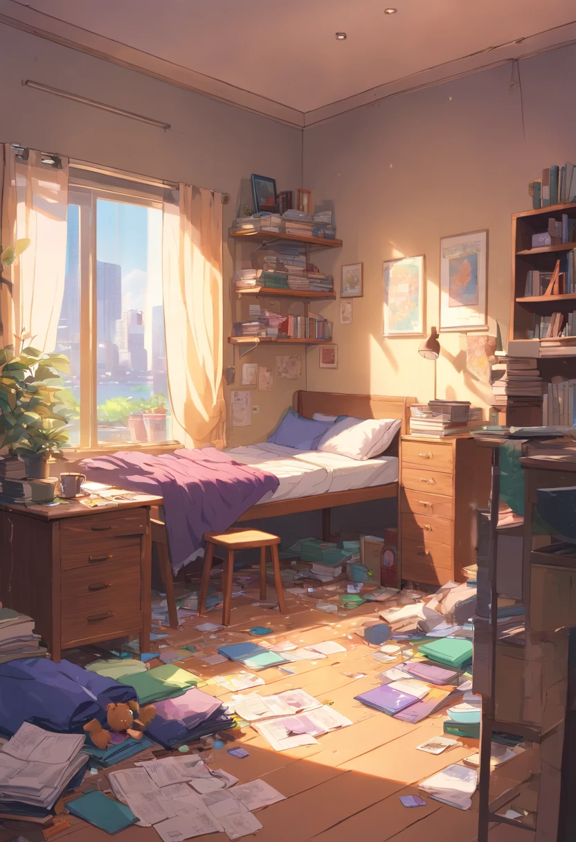 (best quality,4k,highres,masterpiece:1.2),ultra-detailed,realistic:1.37,a messy bedroom with no one in it, mismatched socks under the bed, purple pants on the floor, the drawer of the desk filled with papers and books, dirty clothes scattered around the room, dusty atmosphere, dim lighting, a disorganized room, neglected plants in the corner, piles of unfolded clothes, a cluttered bookshelf filled with books and trinkets, a half-opened window with tattered curtains, a messy bed with crumpled sheets, scattered art supplies on the desk, a cracked mirror reflecting the chaos, a gloomy and chaotic atmosphere, a forgotten teddy bear lying on the floor, unfinished drawings scattered on the walls, scattered coffee cups and empty snack wrappers, a broken lamp on the bedside table, an old and worn-out carpet on the floor, a somber color palette with muted tones, a sense of neglect and disarray.
