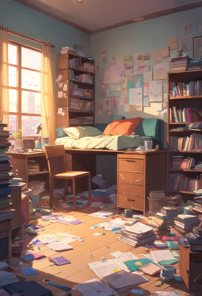 (best quality,4k,highres,masterpiece:1.2),ultra-detailed,realistic:1.37,a messy bedroom with no one in it, mismatched socks under the bed, purple pants on the floor, the drawer of the desk filled with papers and books, dirty clothes scattered around the room, dusty atmosphere, dim lighting, a disorganized room, neglected plants in the corner, piles of unfolded clothes, a cluttered bookshelf filled with books and trinkets, a half-opened window with tattered curtains, a messy bed with crumpled sheets, scattered art supplies on the desk, a cracked mirror reflecting the chaos, a gloomy and chaotic atmosphere, a forgotten teddy bear lying on the floor, unfinished drawings scattered on the walls, scattered coffee cups and empty snack wrappers, a broken lamp on the bedside table, an old and worn-out carpet on the floor, a somber color palette with muted tones, a sense of neglect and disarray.