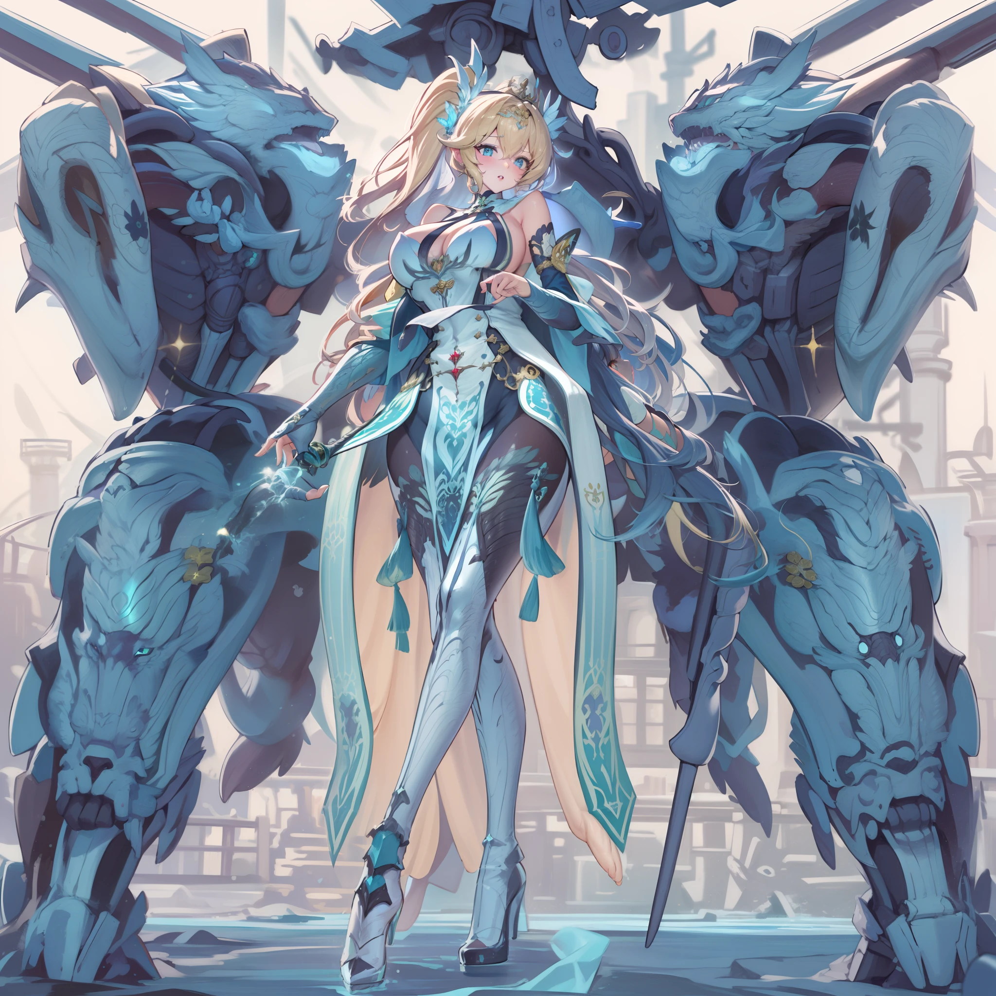 battlemech，（Blonde girl），(Huge ponytail),Glowing blue eyes，Blue Light Energy Longsword，Galactic，Mechanical and exquisite，（（Blonde Beauty））pubic detail，mech wings，elegent，Blue Mecha，Glowing blue-blue eyes，（Stocking Heels），land，Mechanical and exquisite，pubic detail，mech wings，elegent，The tree々，There are hands and feet，angled，angled，immensity，Wind，hazy，Mecha's eyes glow blue，Blue Mecha，Glowing blue-blue eyes，Holding the sword of delicate light energy，Skysky，Mechanical and exquisite，pubic detail，Huge mech wings，elegent，The tree々，There are hands and feet，angled，angled，immensity，baiyun，hazy，Mecha's eyes glow blue，pubic detail，Winds of the future，sacredness，Cavalier，battlemech，Glowing blue eyes，Blue Delicate Sniper Rifle，Skysky，Mechanical and exquisite，pubic detail，Huge mech wings，elegent，The tree々，There are hands and feet，angled，angled，immensity，baiyun，hazy，Mecha's eyes glow blue，pubic detail，Winds of the future，sacredness，Cavalier，the face is clear，Face wearing mask armor，masterpaintings，best qualtiy，offcial art，the Extremely Detailed CG Unity 8K Wallpapers，brightened light，（light particules，（Illustration）（Farbe）goodlooking，impeccable，（（Graphic Painting）），（Heavier stroke）），（bold lines），Highest image quality，masterpaintings，Filigree，long eyeslashes，（（（silhuette））），Very detailed background，tulips，Banana leaves，lilie，dew，Date palm flowers，Ryu，Light white off-the-shoulder dress，Mottled sunlight，（Close-up of people），（（Super best quality））， （（A very masterpiece））， （（super detailing：1.4））， （（hyper realistic lifelike 3d））， Dragon Warrior Girl， Mechanical body， Dynamic action poses in battle scenes， Mechanical weapons of very complex and heavy fighters， Off-the-shoulder fashion that blends dense and complex steampunk with dense gothic ****ta， Complex steampunk headgear， very thin long legs， Mechanical boots above the knee， Fluttering lace flared mini skirt， beautiful big breasts directed upwards，Somewhat long, Vertical curly silver hair fluttering in the wind，Countless shining large sphe