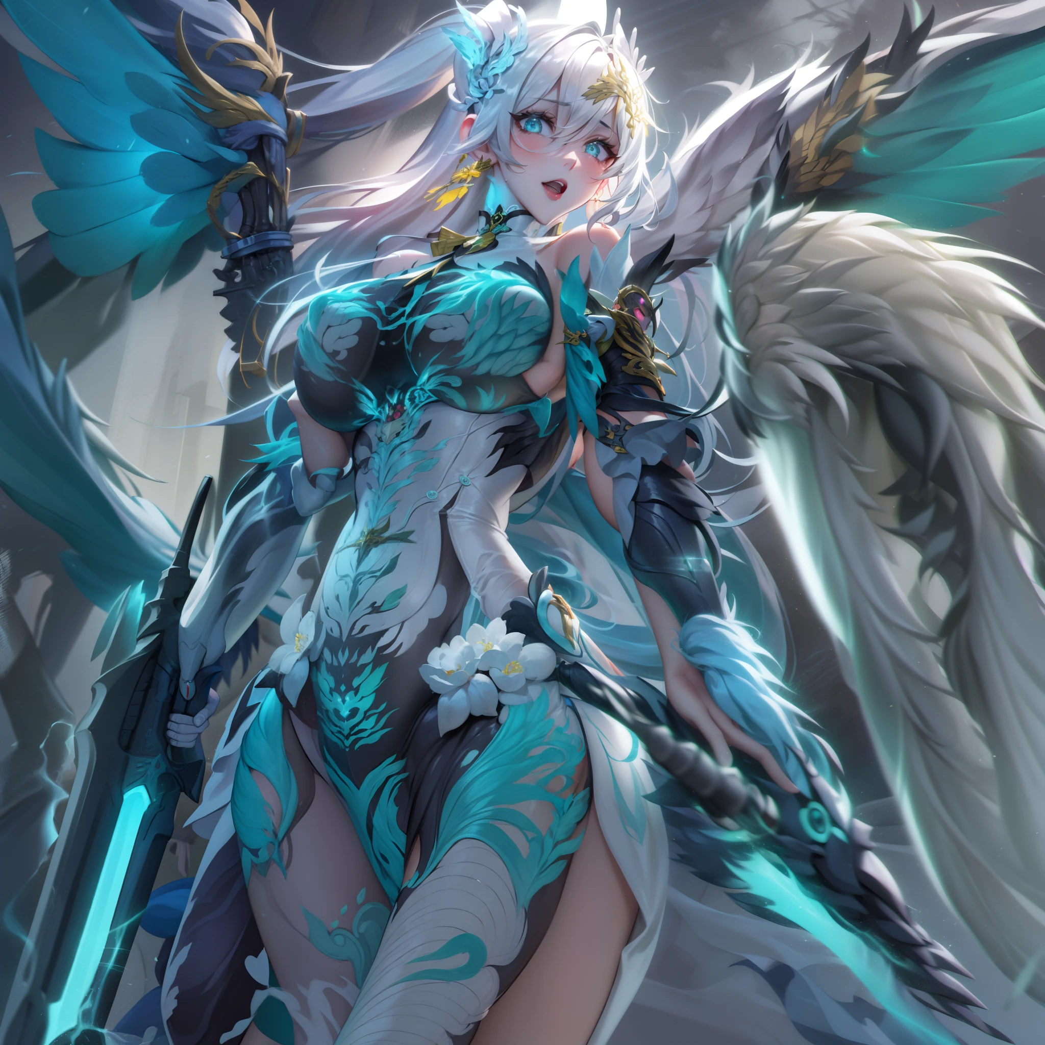 battlemech，（Blonde girl），(Huge ponytail),Glowing blue eyes，Blue Light Energy Longsword，Galactic，Mechanical and exquisite，（（Blonde Beauty））pubic detail，mech wings，elegent，Blue Mecha，Glowing blue-blue eyes，（Stocking Heels），land，Mechanical and exquisite，pubic detail，mech wings，elegent，The tree々，There are hands and feet，angled，angled，immensity，Wind，hazy，Mecha's eyes glow blue，Blue Mecha，Glowing blue-blue eyes，Holding the sword of delicate light energy，Skysky，Mechanical and exquisite，pubic detail，Huge mech wings，elegent，The tree々，There are hands and feet，angled，angled，immensity，baiyun，hazy，Mecha's eyes glow blue，pubic detail，Winds of the future，sacredness，Cavalier，battlemech，Glowing blue eyes，Blue Delicate Sniper Rifle，Skysky，Mechanical and exquisite，pubic detail，Huge mech wings，elegent，The tree々，There are hands and feet，angled，angled，immensity，baiyun，hazy，Mecha's eyes glow blue，pubic detail，Winds of the future，sacredness，Cavalier，the face is clear，Face wearing mask armor，masterpaintings，best qualtiy，offcial art，the Extremely Detailed CG Unity 8K Wallpapers，brightened light，（light particules，（Illustration）（Farbe）goodlooking，impeccable，（（Graphic Painting）），（Heavier stroke）），（bold lines），Highest image quality，masterpaintings，Filigree，long eyeslashes，（（（silhuette））），Very detailed background，tulips，Banana leaves，lilie，dew，Date palm flowers，Ryu，Light white off-the-shoulder dress，Mottled sunlight，（Close-up of people），（（Super best quality））， （（A very masterpiece））， （（super detailing：1.4））， （（hyper realistic lifelike 3d））， Dragon Warrior Girl， Mechanical body， Dynamic action poses in battle scenes， Mechanical weapons of very complex and heavy fighters， Off-the-shoulder fashion that blends dense and complex steampunk with dense gothic ****ta， Complex steampunk headgear， very thin long legs， Mechanical boots above the knee， Fluttering lace flared mini skirt， beautiful big breasts directed upwards，Somewhat long, Vertical curly silver hair fluttering in the wind，Countless shining large sphe