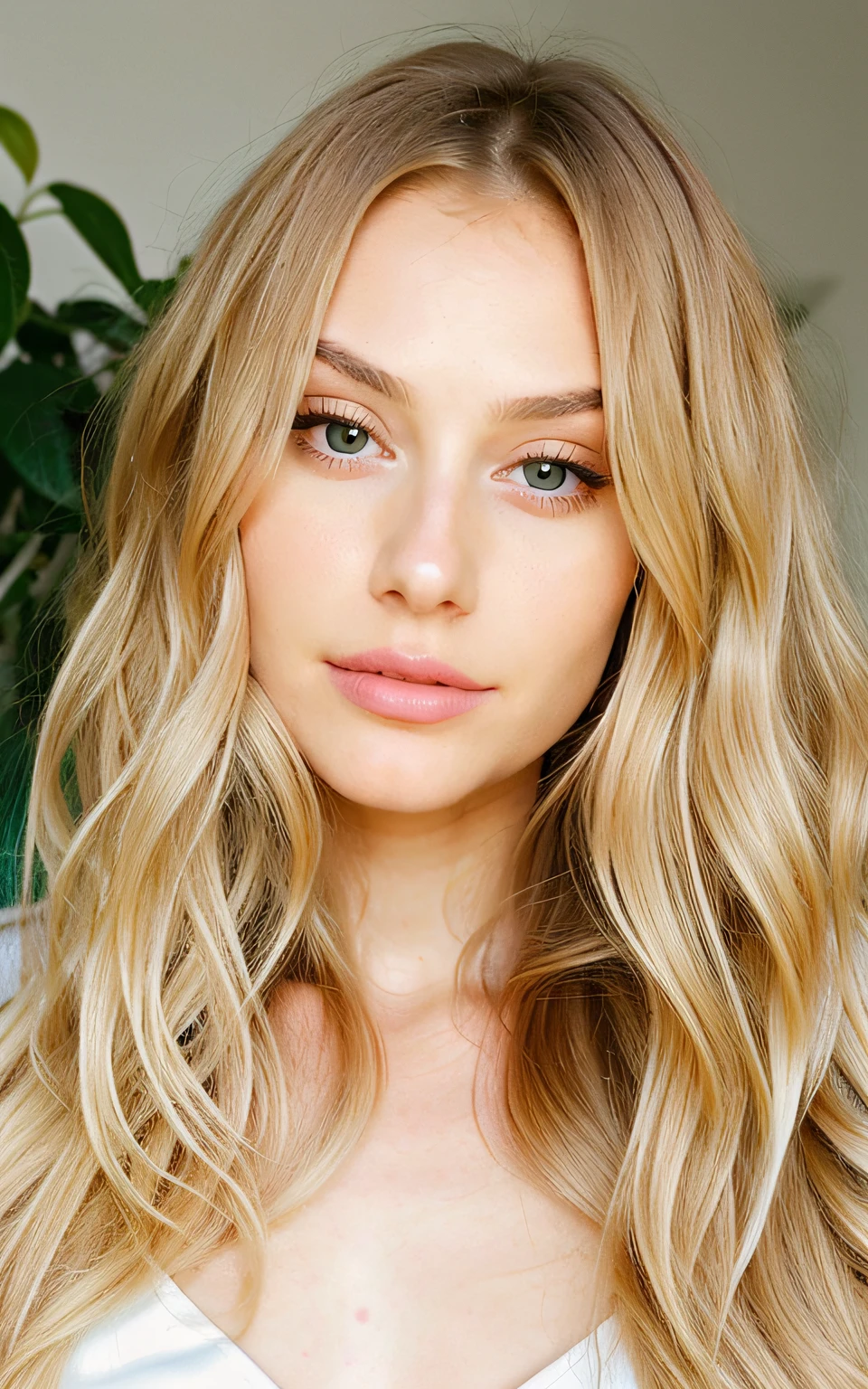 blonde woman with long hair in white dress, portrait of kim petras, light brown long wavy hair, with very long blonde hair, with long blond hair, half updo hairstyle, long blonde hair and large eyes, 1 6 , long wavy blonde hair, brunette with dyed blonde hair, a girl with blonde hair, wavy hair yellow theme,realistic, close up selfie, looking infront of camera,only face