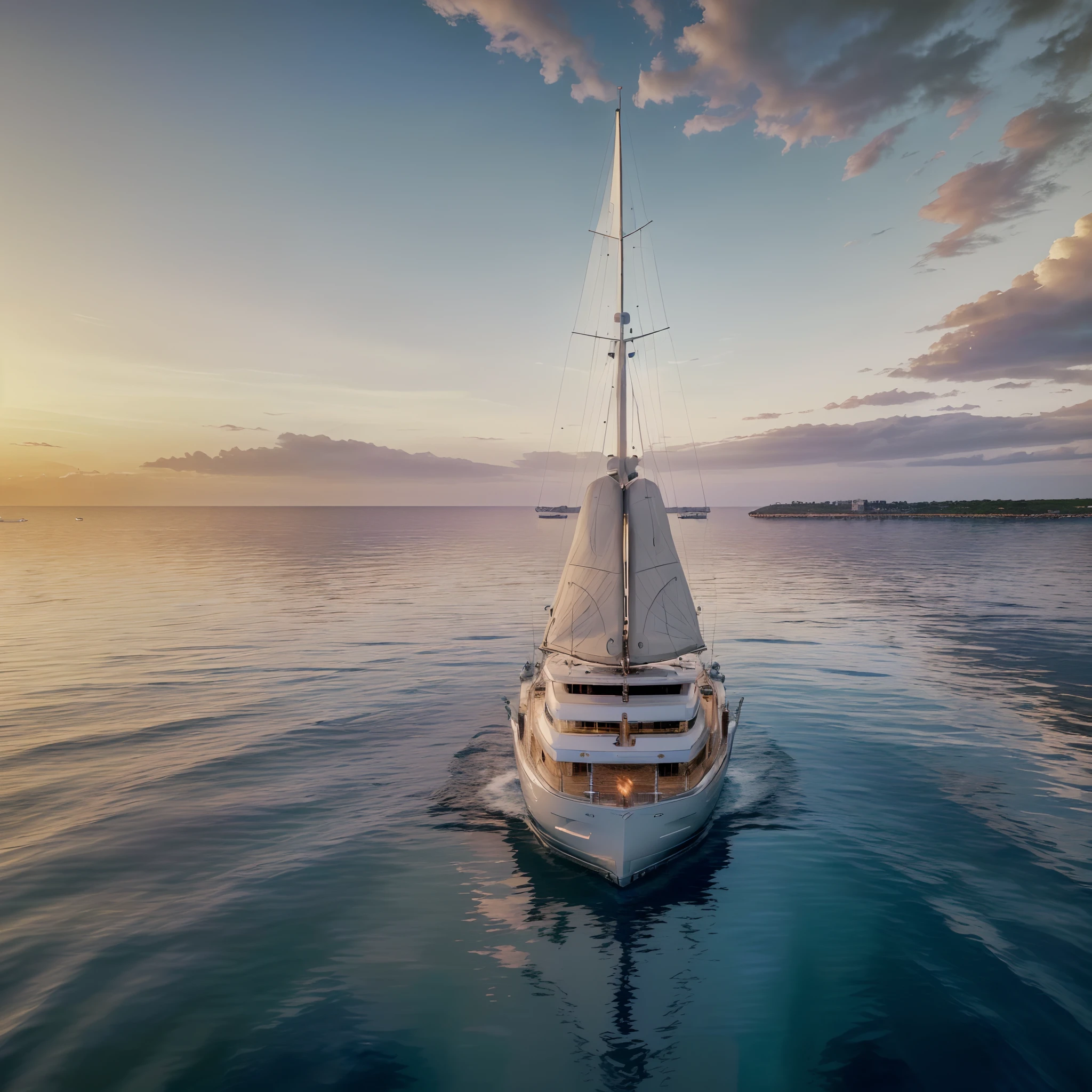 (best quality,highres,masterpiece:1.2),luxury,luxurious yacht,sailing in the middle of the sea,sunset,ultra-detailed yacht,beautifully designed yacht,reflections on the water,serene atmosphere,emotions