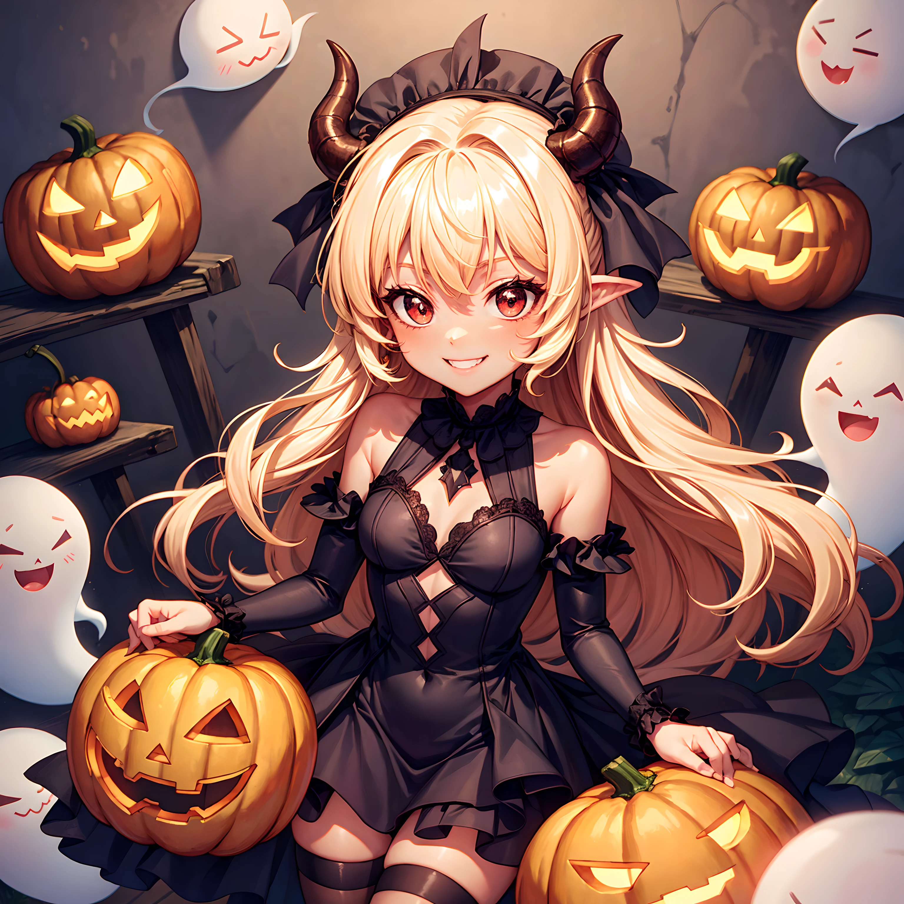 devil, Black Devil, Cute Devil, Anime Illustration, ultra-detailliert, Hyper Sharp Image, tusk. long hair with blonde wavy curly hair, Wearing a rubber costume, Halloween Festival, Jack-o'-lantern, ghost, Happy smile, Cute smile, Red Eyes, Dark skin, Eating pumpkin, chibi emote, Arms Down, arms behind back, four fingers a thumb, Perfect hands,