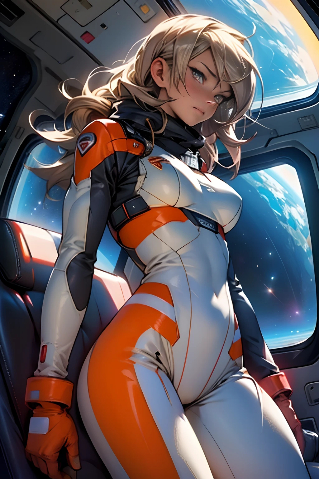 sandy hair fit body large breasts slender thighs slender waist pilot suit solo looking at viewer in space long hair blushing determination