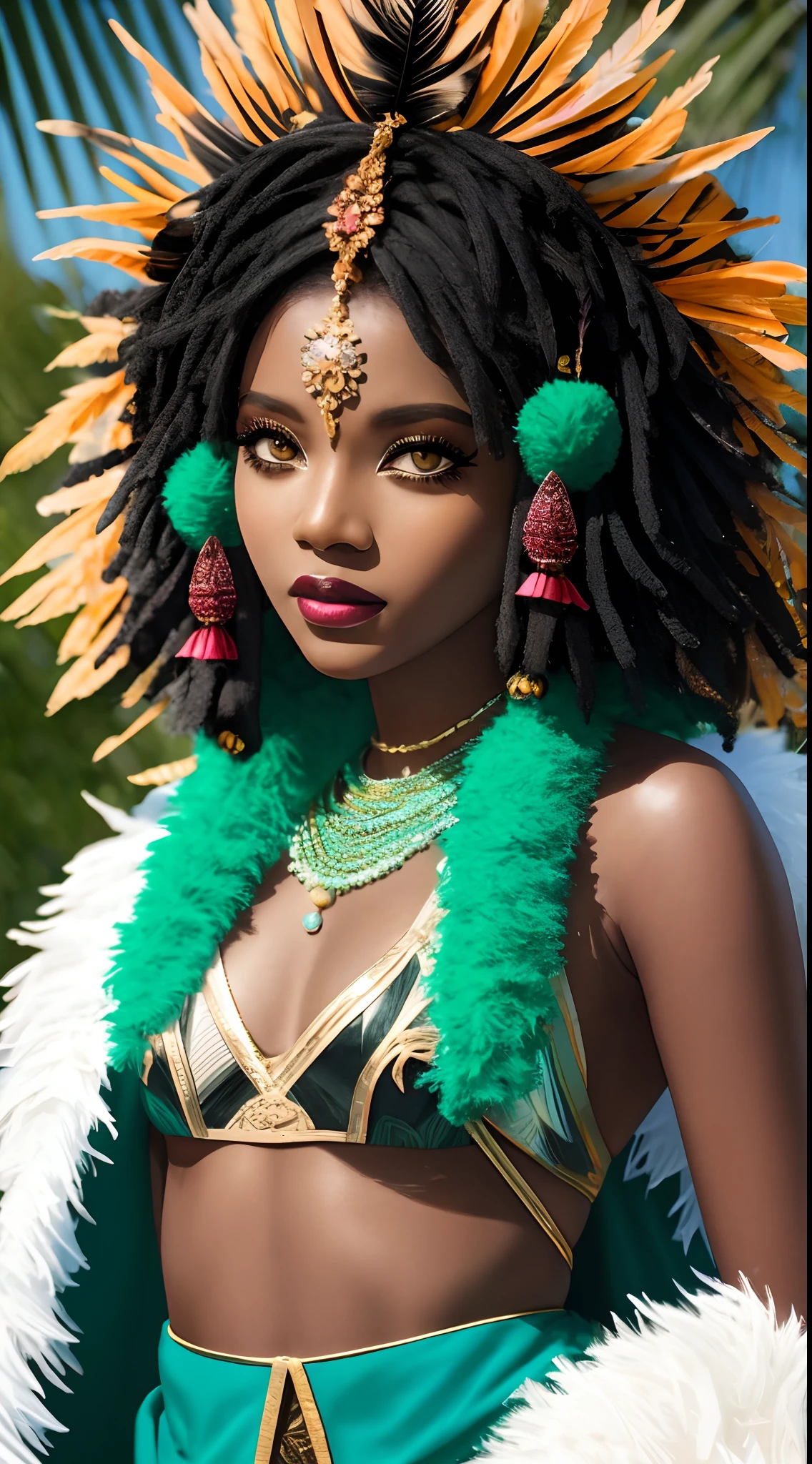 Closeup photo portrait of beautiful ebony teenager_woman as druid, ((headdress wearing made up of feathers and bright beads)), dark makeup, short ginger hair, big perfect green eyes, big perfect lips,, epic character composition, frontal view, full body , perfect body figure , beautiful Anatomy atmospheric scene, masterpiece, best quality, (detailed beautiful face, detail skin texture, ultra-detailed body:1.1), diffused lighting