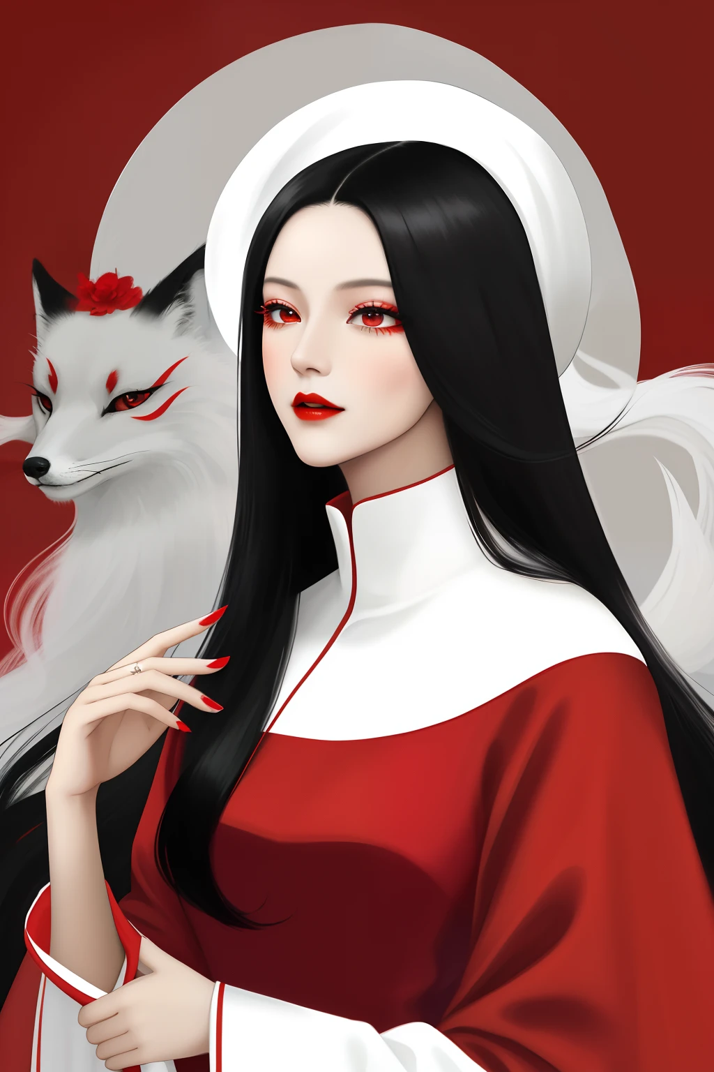 Wear red and white clothes.，Woman with long black hair,Red long eyelashes，Soft retro dress，Max Kwali，10，Charming elegance，Expert Techniques，Expression of naturalism，harmonious composition，Creative enhancements，Prominent posture，Shades reminiscent of，Photorealiscic face，Charming woman，Fox Devil， Flowing hair and long coat,