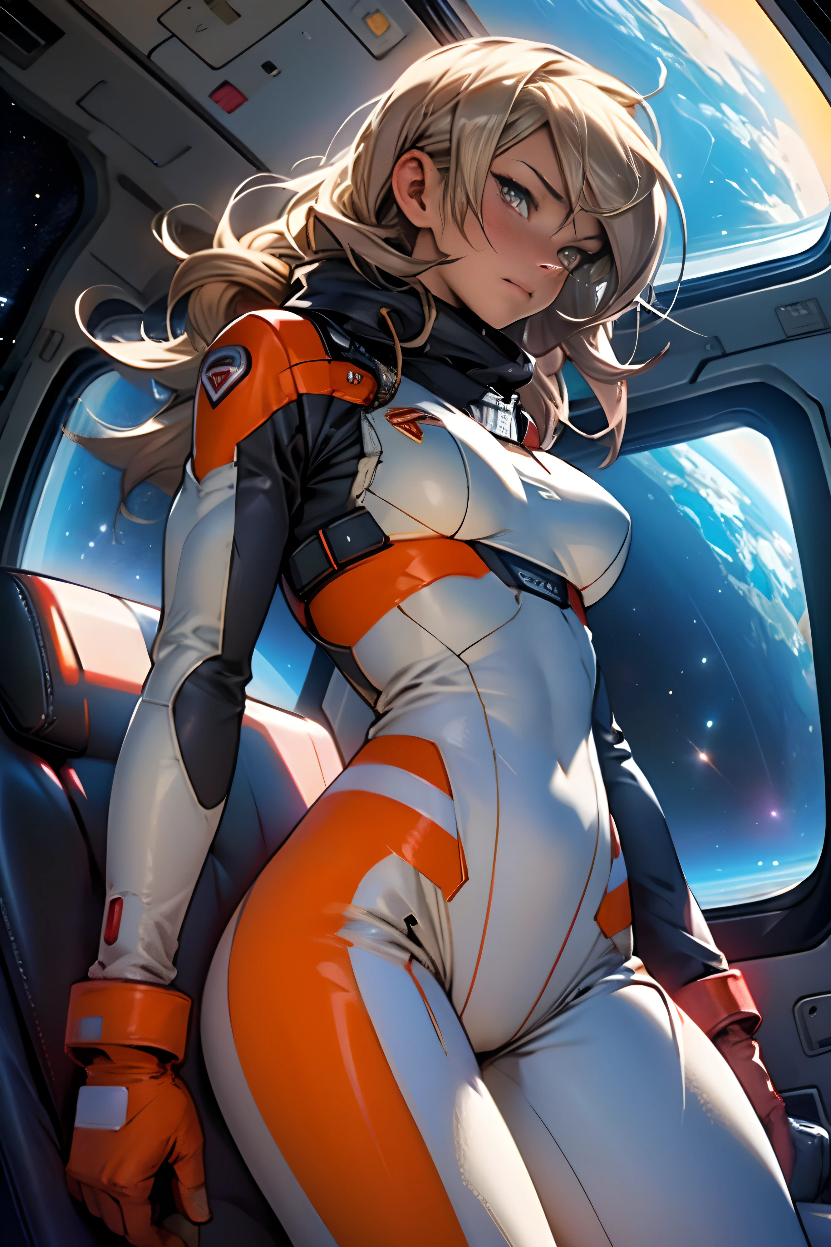 sandy hair fit body large breasts slender thighs slender waist pilot suit solo looking at viewer in space long hair blushing determination