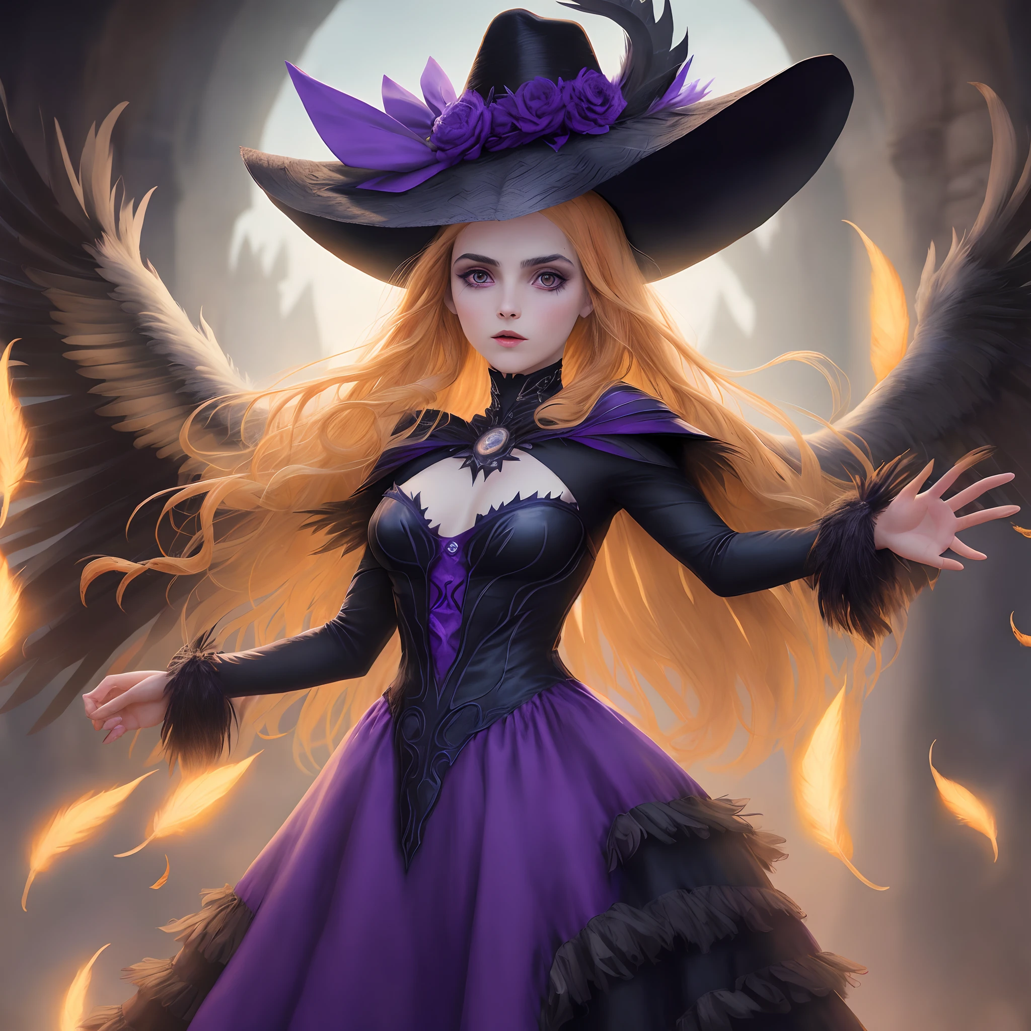 Bruja guapa rubia, ojos azules, sombrero de bruja, malefica, vestido largo morado, manos detalladas con un reloj de arena, fondo tetrico naranja, alss de plumas