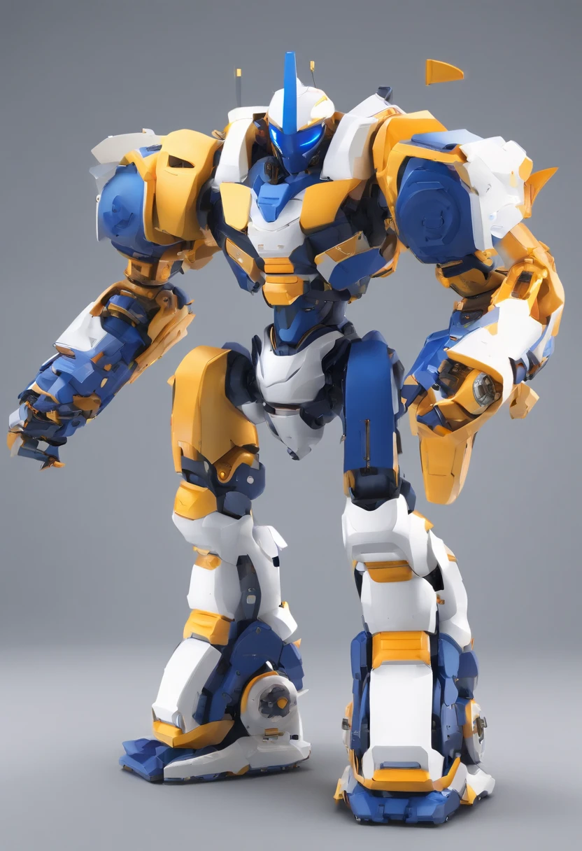 3D design,Frontal robot,The body structure of the robot is simple,Minimalist,The robot wears a combat suit,The robot stands with nunchucks in both hands,The robot stands up,Pose for Bruce Lee's classic action,The robot is tall,Very high,Strong,Dark blue robot,white backgrounid,C4D,3D rendering HDR,16k,best qualtiy