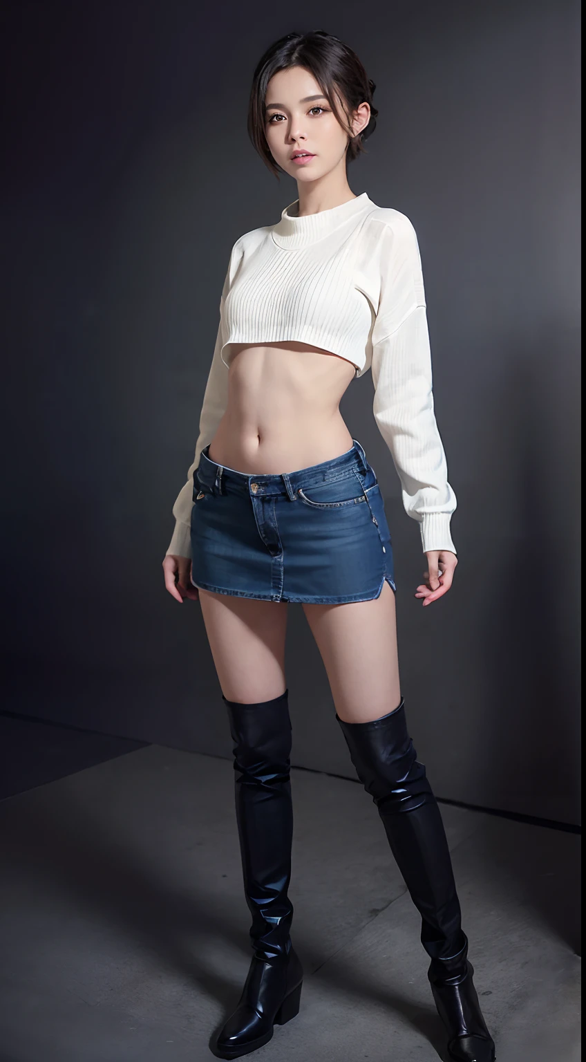 (masuter piece:1.3)、(8k、Photorealsitic、RAW Photography、top-quality: 1.4)、(1girl)、beautiful countenance、(lifelike face)、(A dark-haired、short-hair:1.3)、Beautiful hairstyle、realisticeyes、Beautiful details、(real looking skin)、Beautiful skins、、absurderes、enticing、超A high resolution、A hyper-realistic、high-detail、the golden ratio、、 ((wide open abdomen))、((open abdomen))、((wide open navel))、((open navel))、((Bare belly))、((Mid-Riff Sweater))、((Ultra-low rise、Denim Mini Skirt))、 ((Navel Ejection))、((small hips))、((Full body depiction))、((small hip))、(long boots)、((Ultra-low rise))、 ((Denim Mini Skirt))、((is standing))、