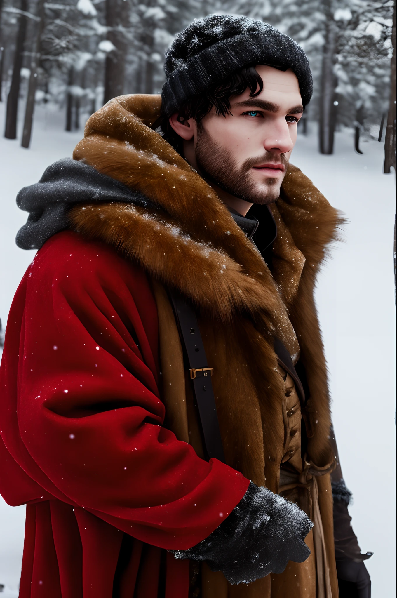 medieval german, man, good body type, average dark hair, red eyes, winter clothes, scar on the left cheek